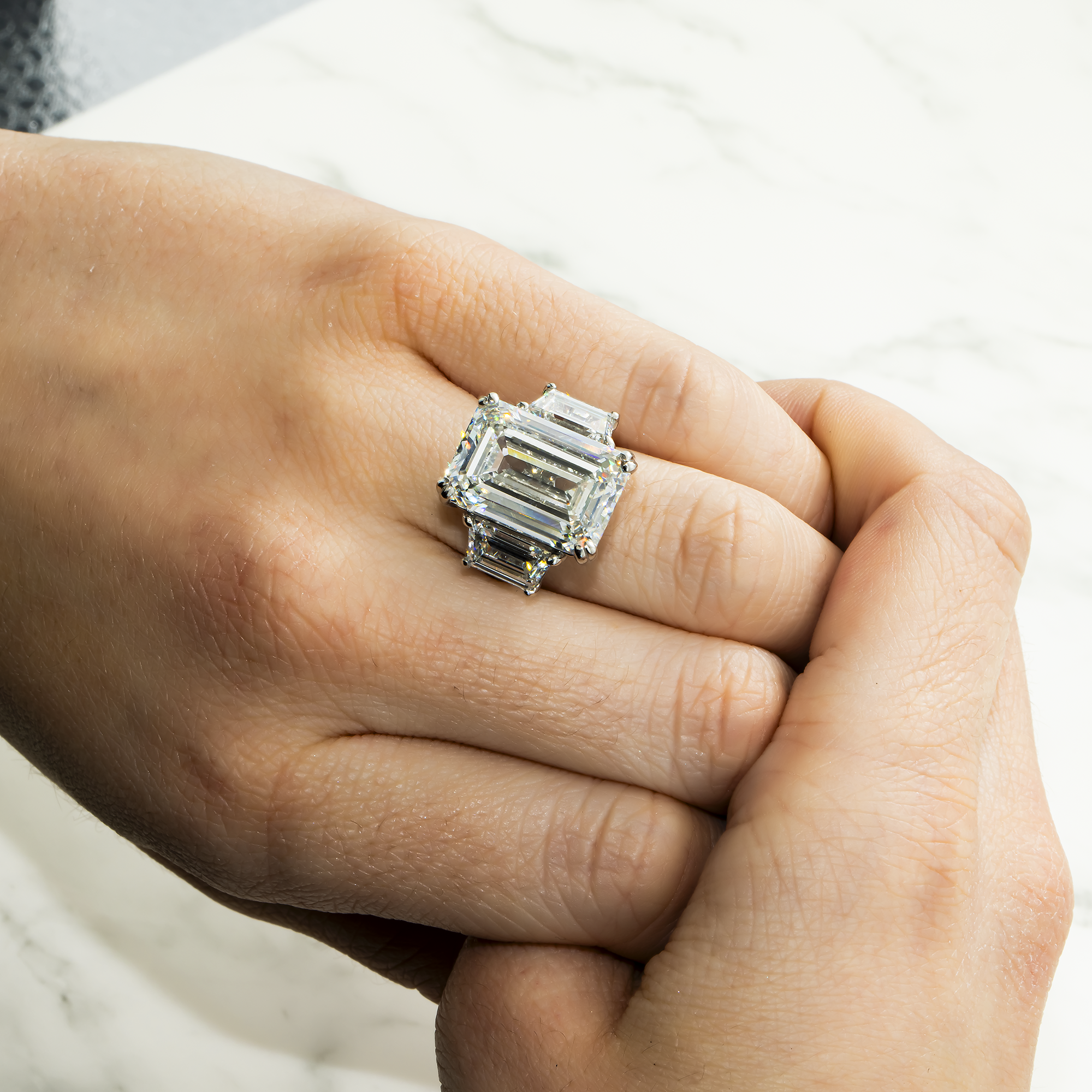 Platinum 16.09ctEmerald Cut Triple Diamond Engagement Ring 19.22ctw