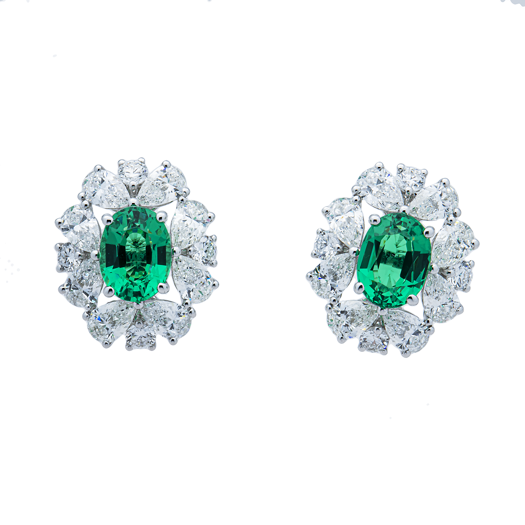 14K White Gold Oval Emerald & Diamond Cluster Stud Earrings 6.1ctw