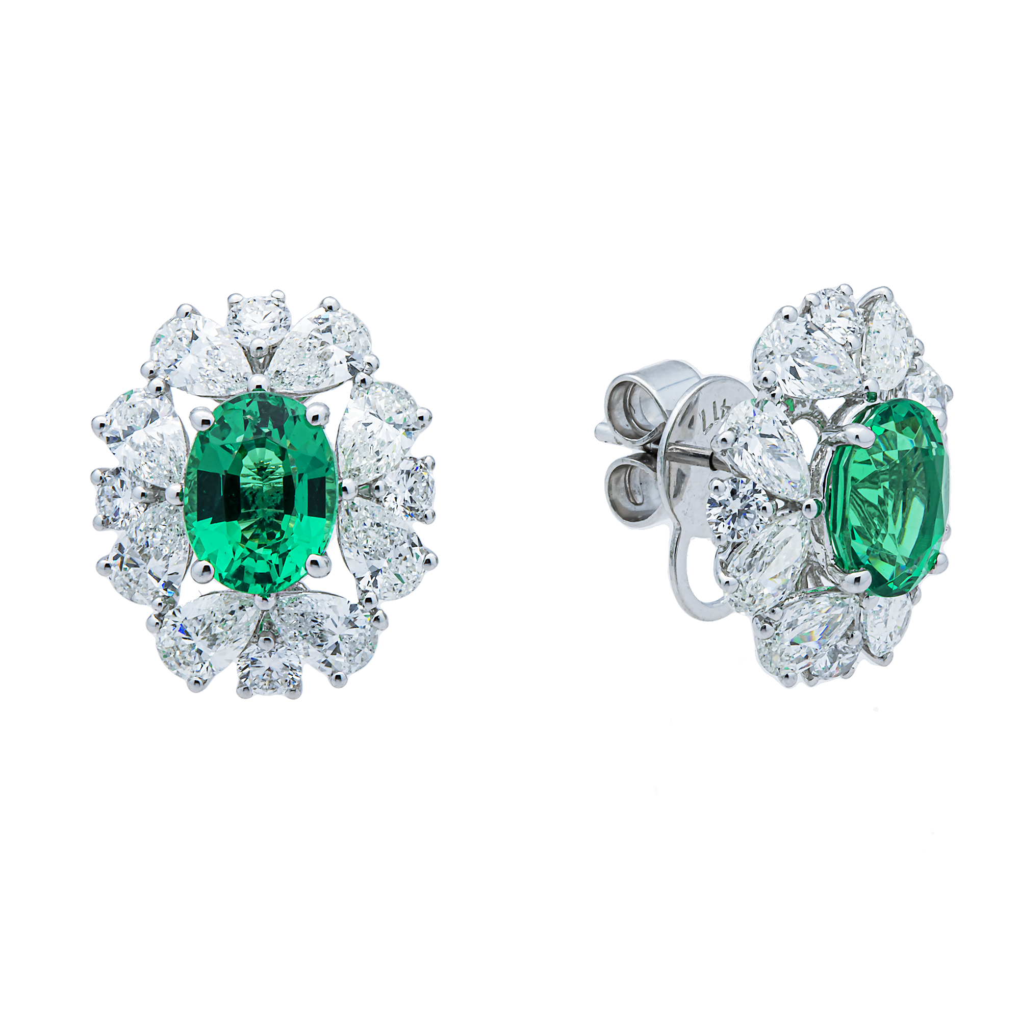 14K White Gold Oval Emerald & Diamond Cluster Stud Earrings 6.1ctw