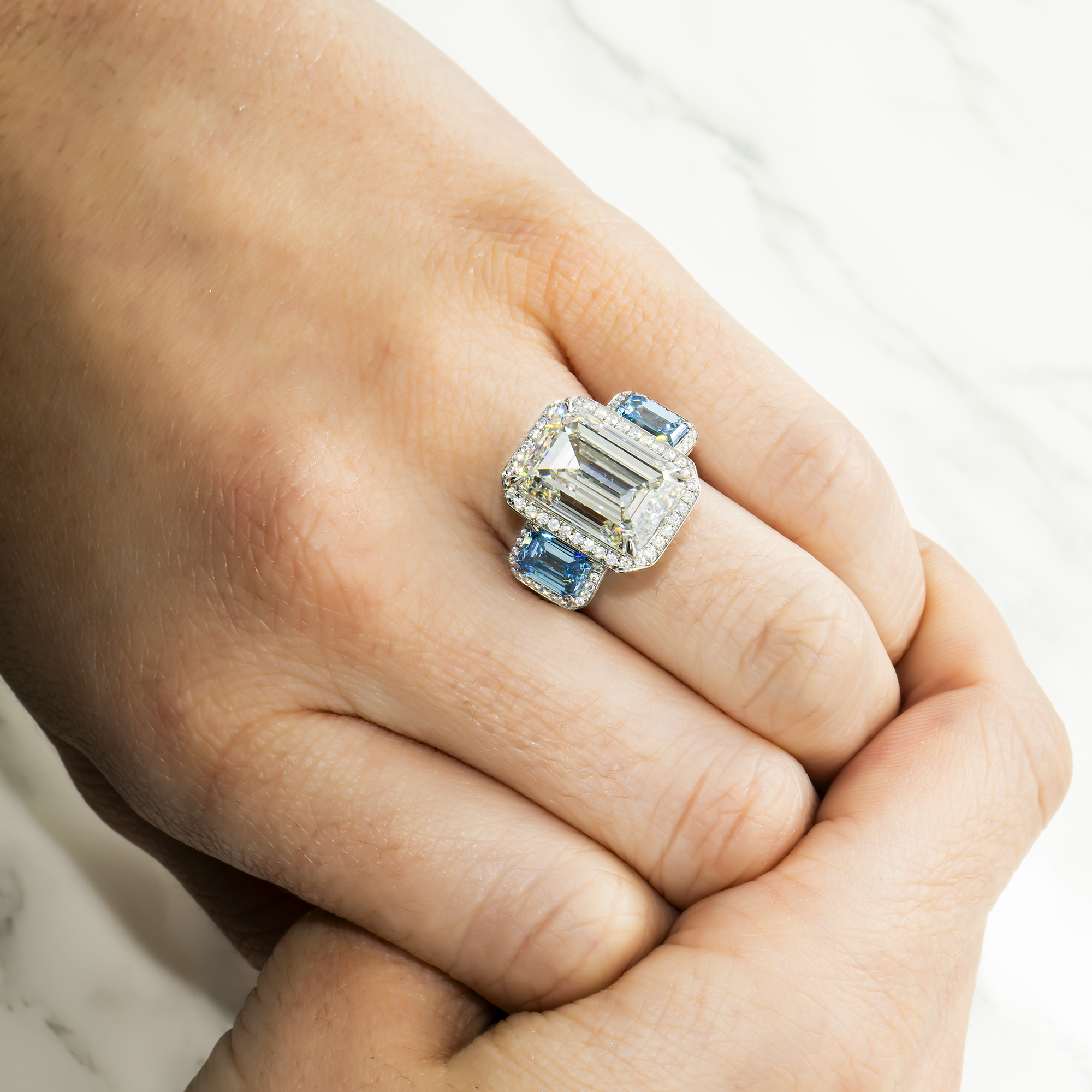 Platinum 10.0ct Emerald Cut White & Fancy Blue Triple Diamond Ring 13.83ctw