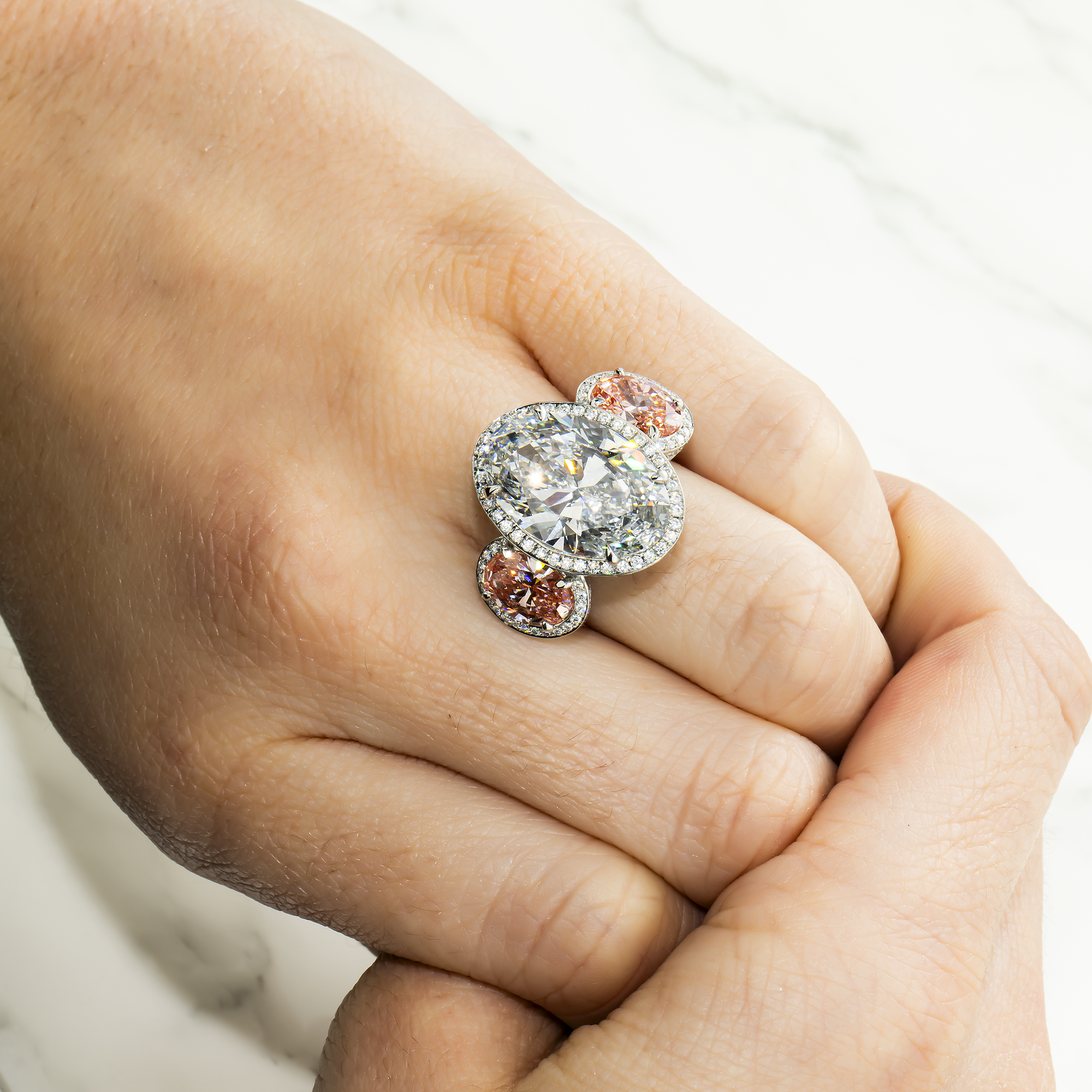 Platinum 10.61ct Oval Cut White & Fancy Pink Triple Diamond Ring 15.45ctw