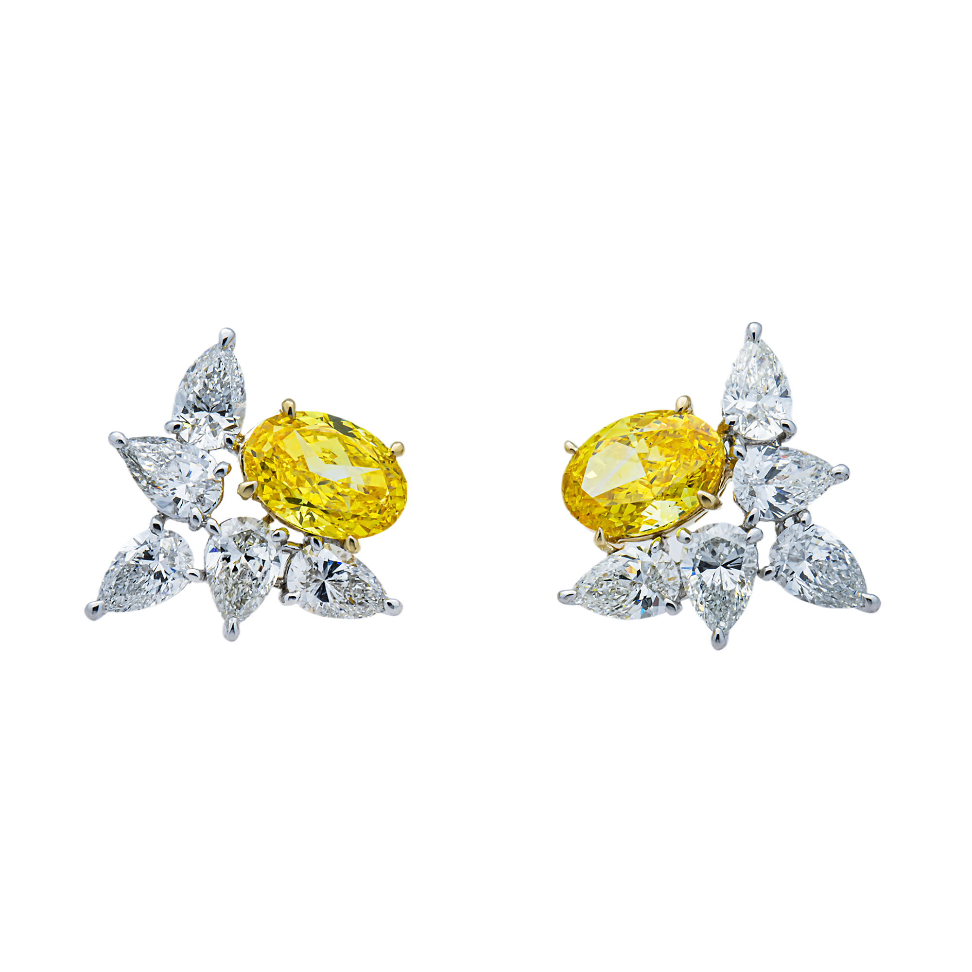 Two Tone Gold Fancy Yellow & White Diamond Cluster Stud Earrings 6.1ctw