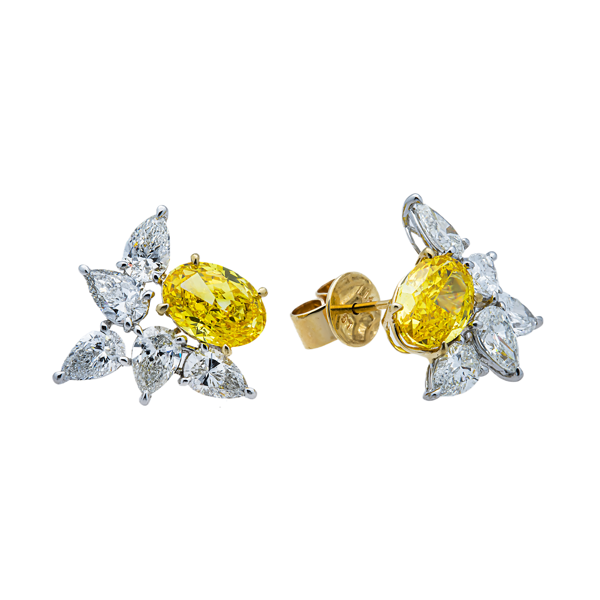 Two Tone Gold Fancy Yellow & White Diamond Cluster Stud Earrings 6.1ctw