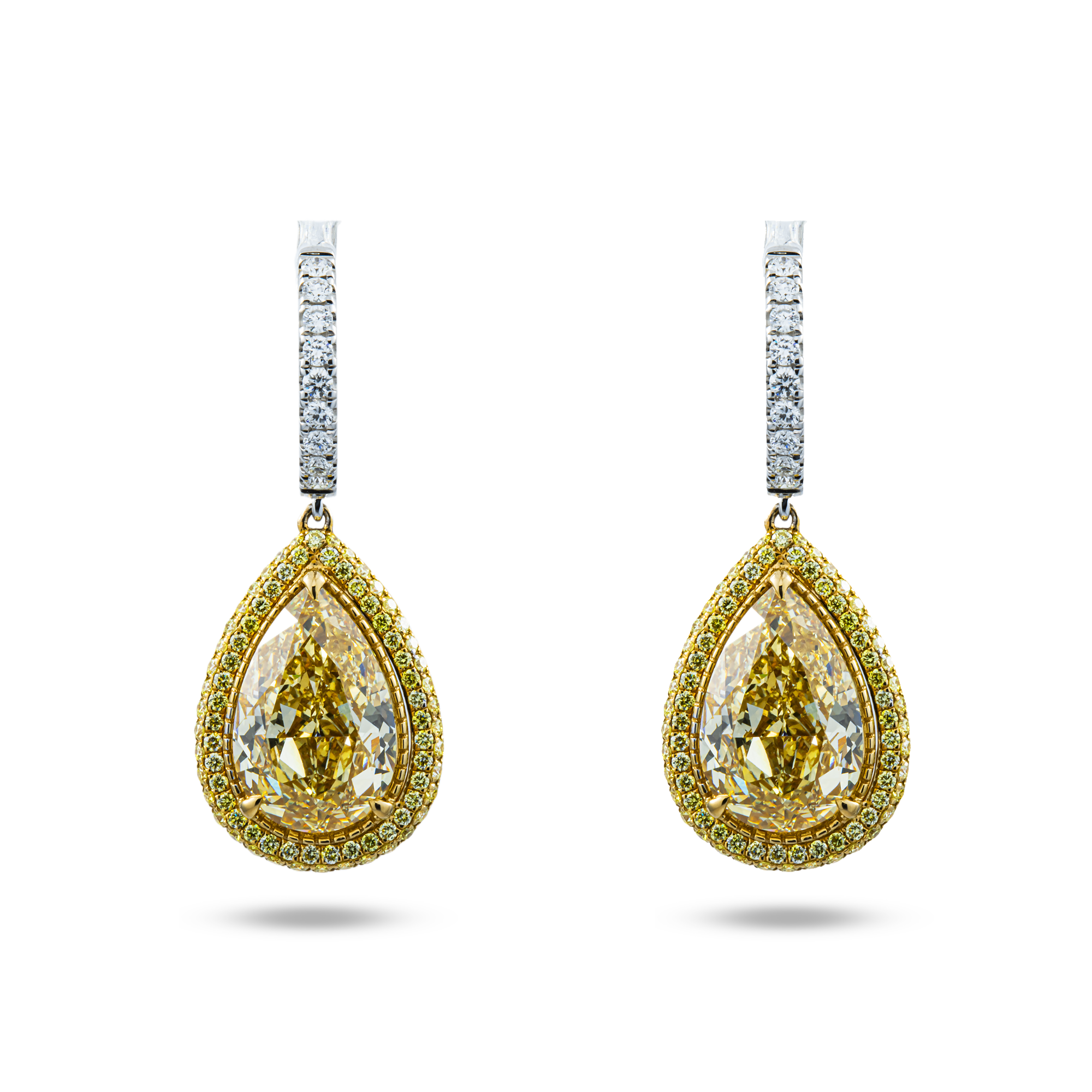 IGI 18K Two Tone Pear Fancy Yellow Diamond Drop Earrings 11.52ctw