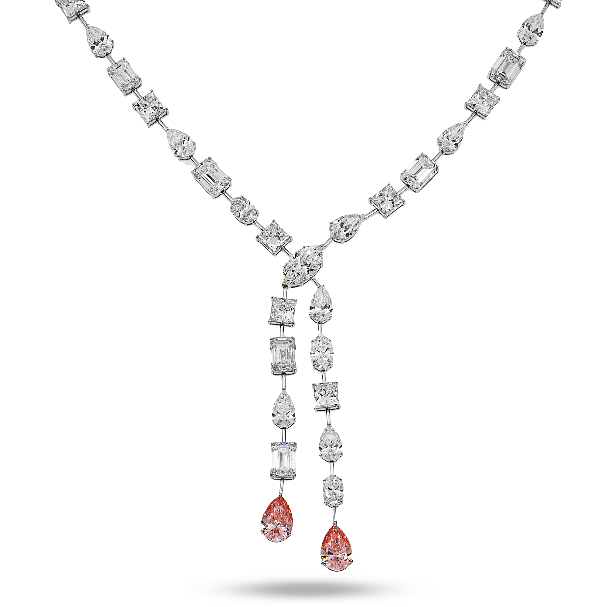 18K White Gold Multi Cut White & Fancy Vivid Pink Diamond Double Drop Necklace