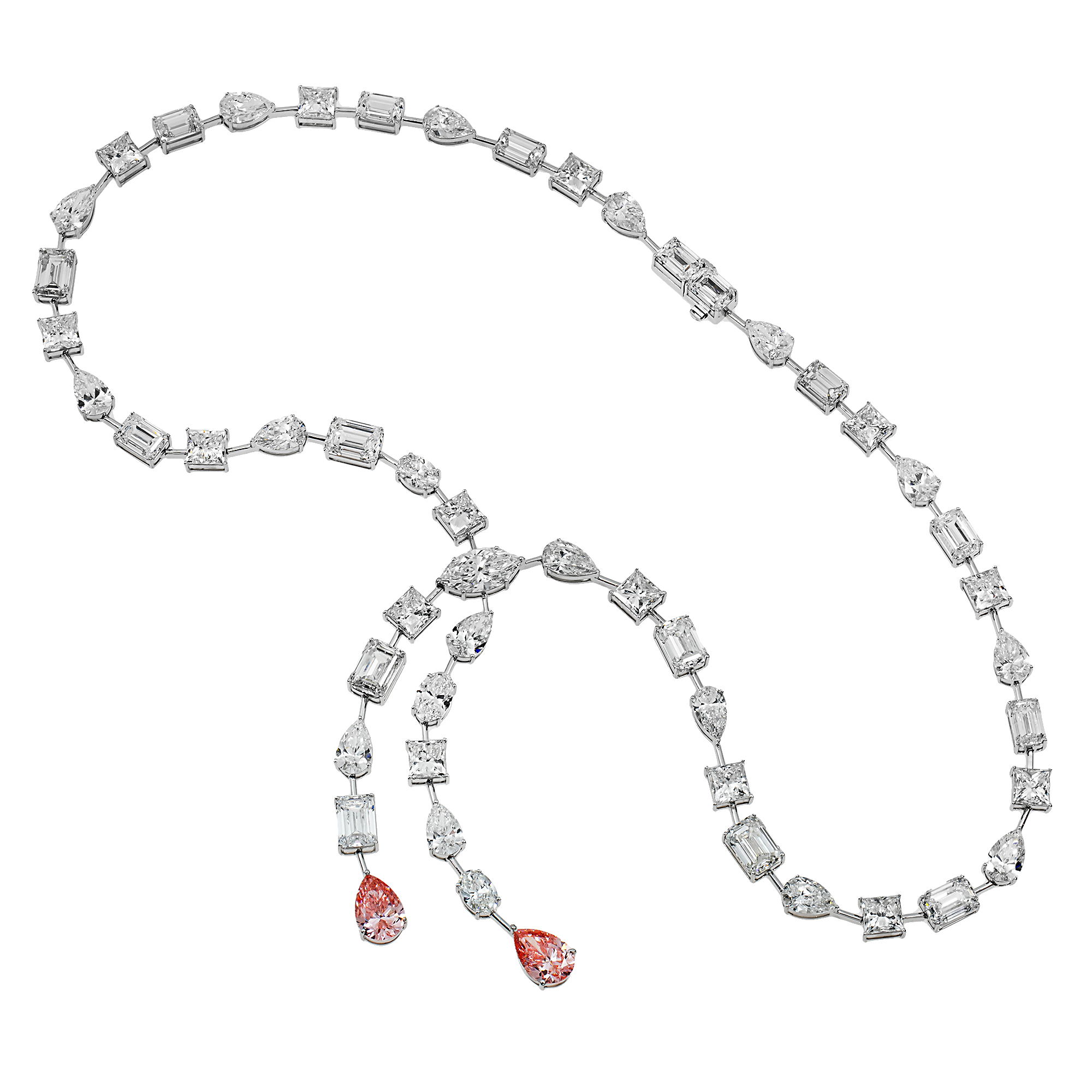 18K White Gold Multi Cut White & Fancy Vivid Pink Diamond Double Drop Necklace