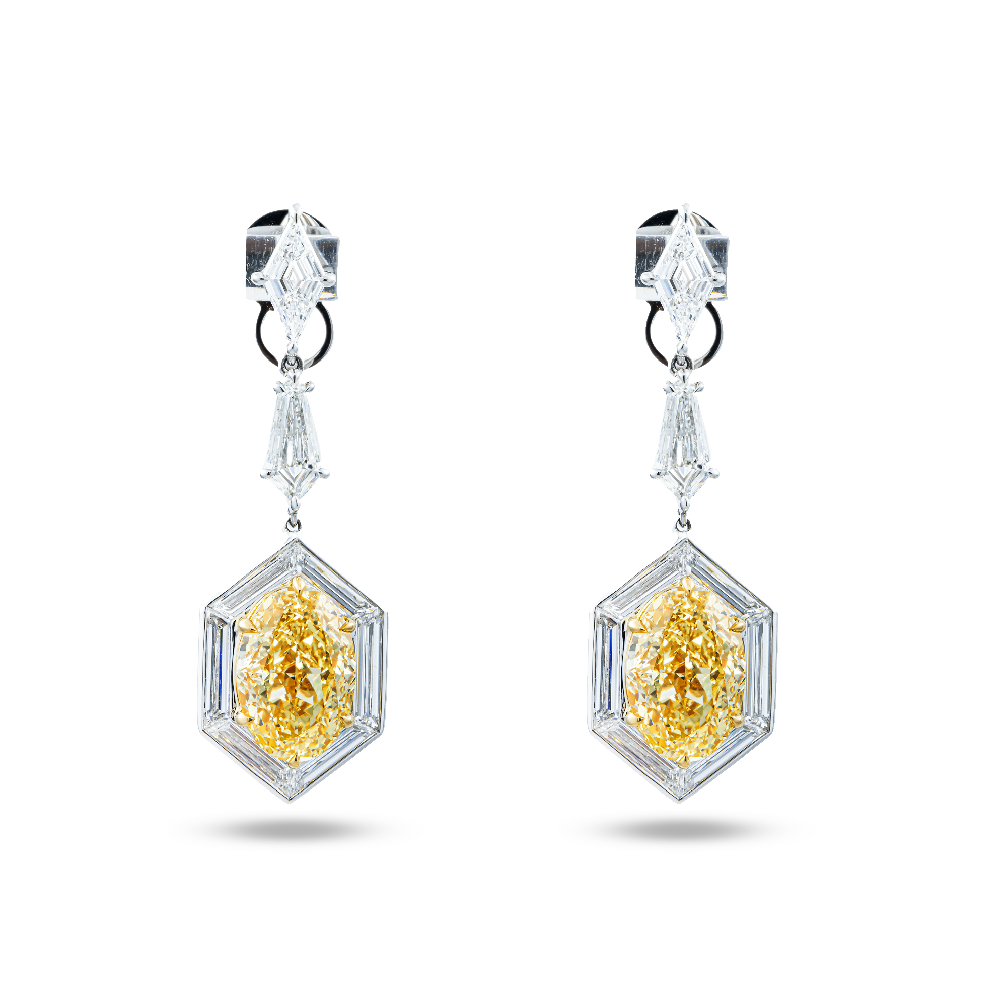IGI 18K White Gold Oval Fancy Yellow + Diamond Drop Earrings 15.97ctw