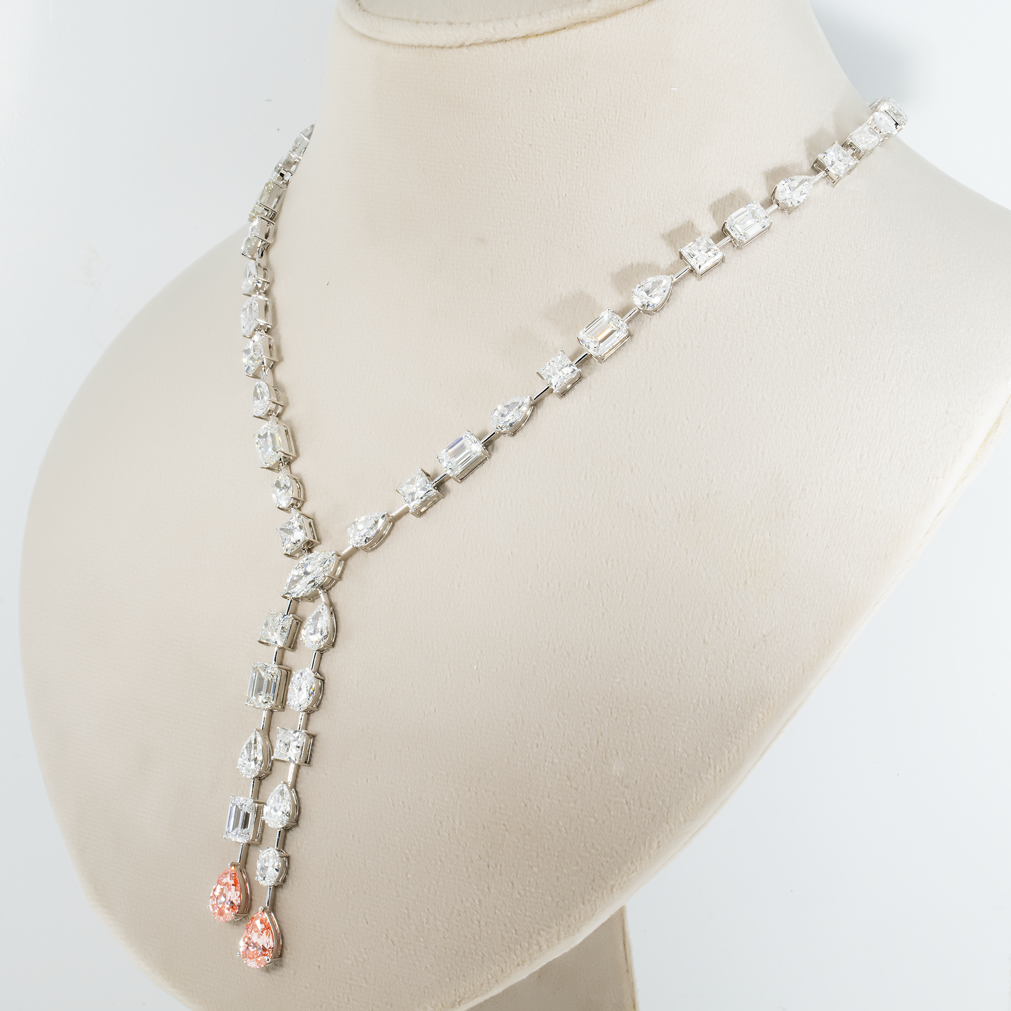 18K White Gold Multi Cut White & Fancy Vivid Pink Diamond Double Drop Necklace