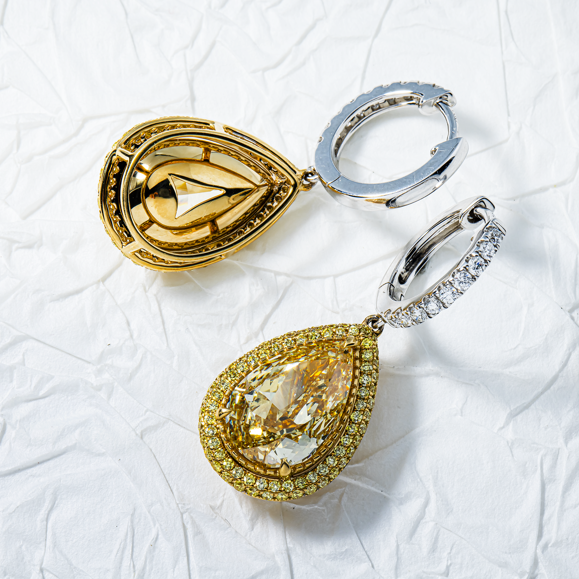 IGI 18K Two Tone Pear Fancy Yellow Diamond Drop Earrings 11.52ctw