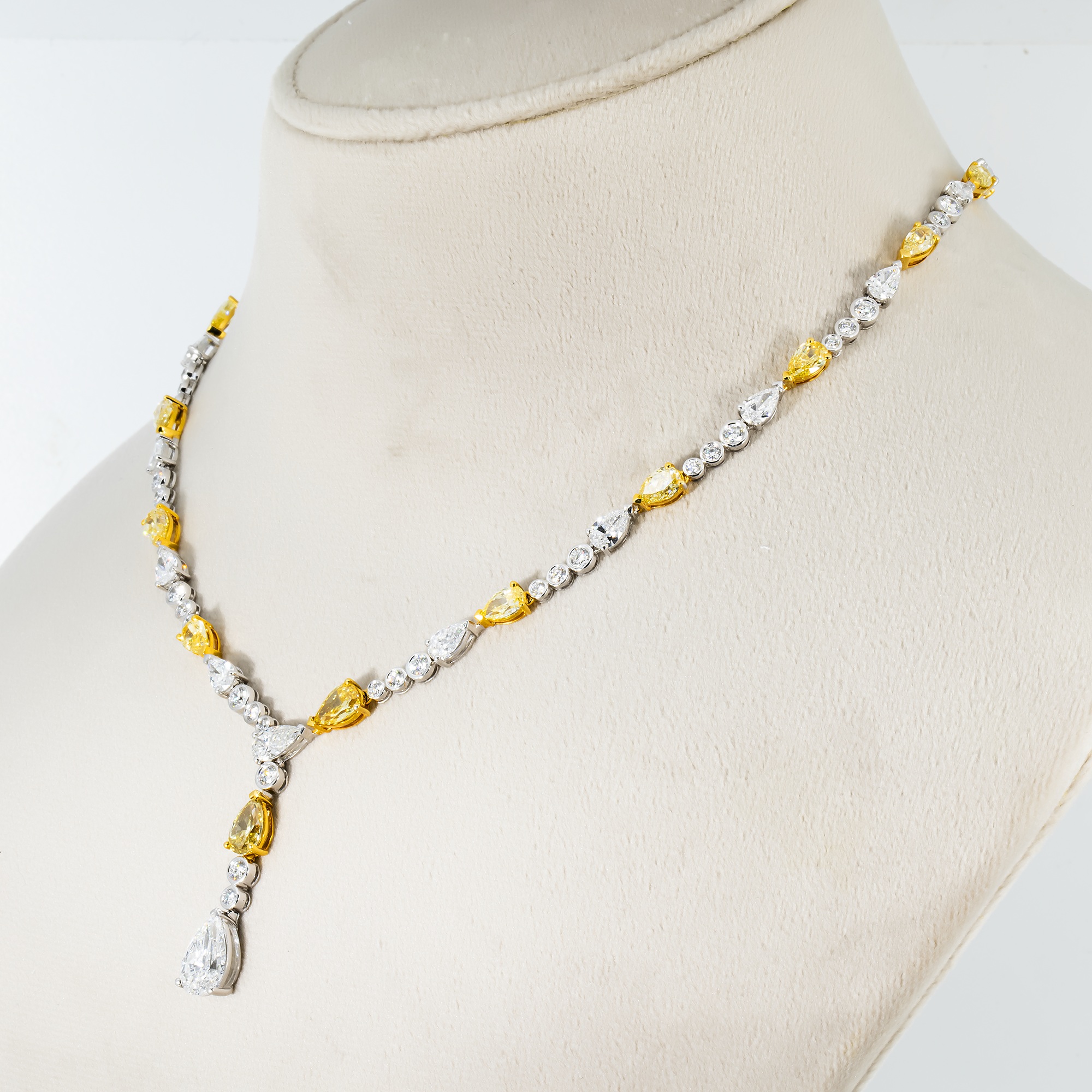 14K White Gold White & Fancy Yellow Diamond Drop Necklace 19.96ct