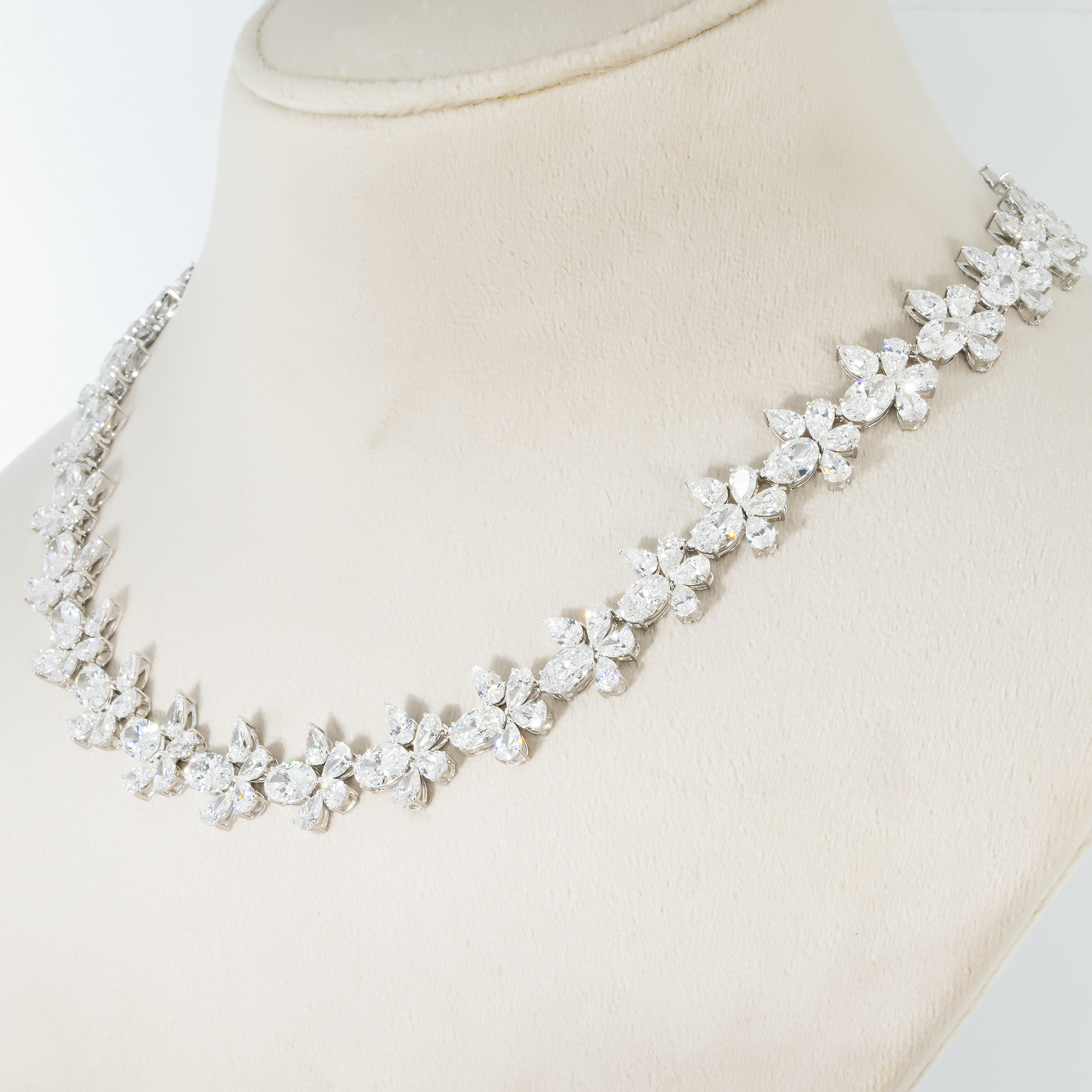 18K White Gold Oval & Pear Cut Diamond Blooming Flower Necklace 61.41ct