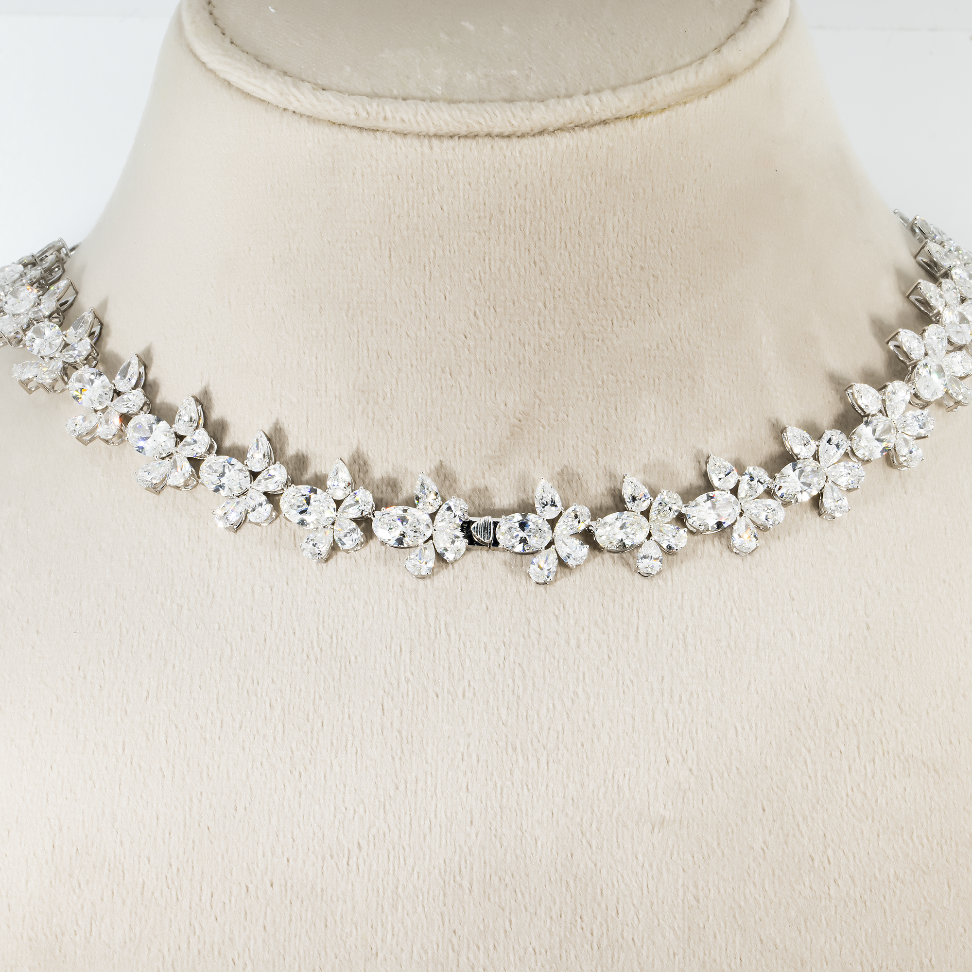 18K White Gold Oval & Pear Cut Diamond Blooming Flower Necklace 61.41ct