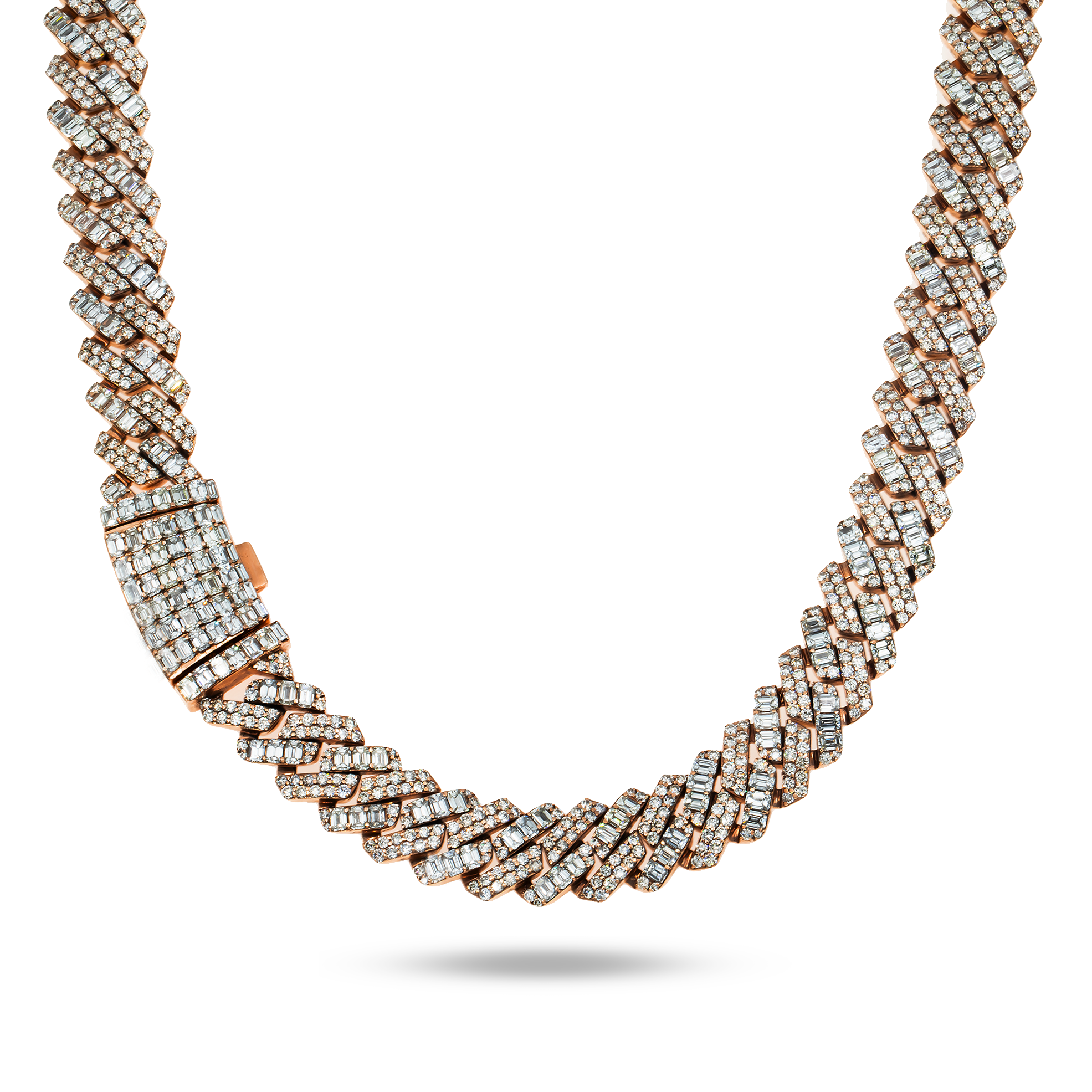 14K Rose Gold 15mm Emerald & Round Diamond Cuban Link Chain