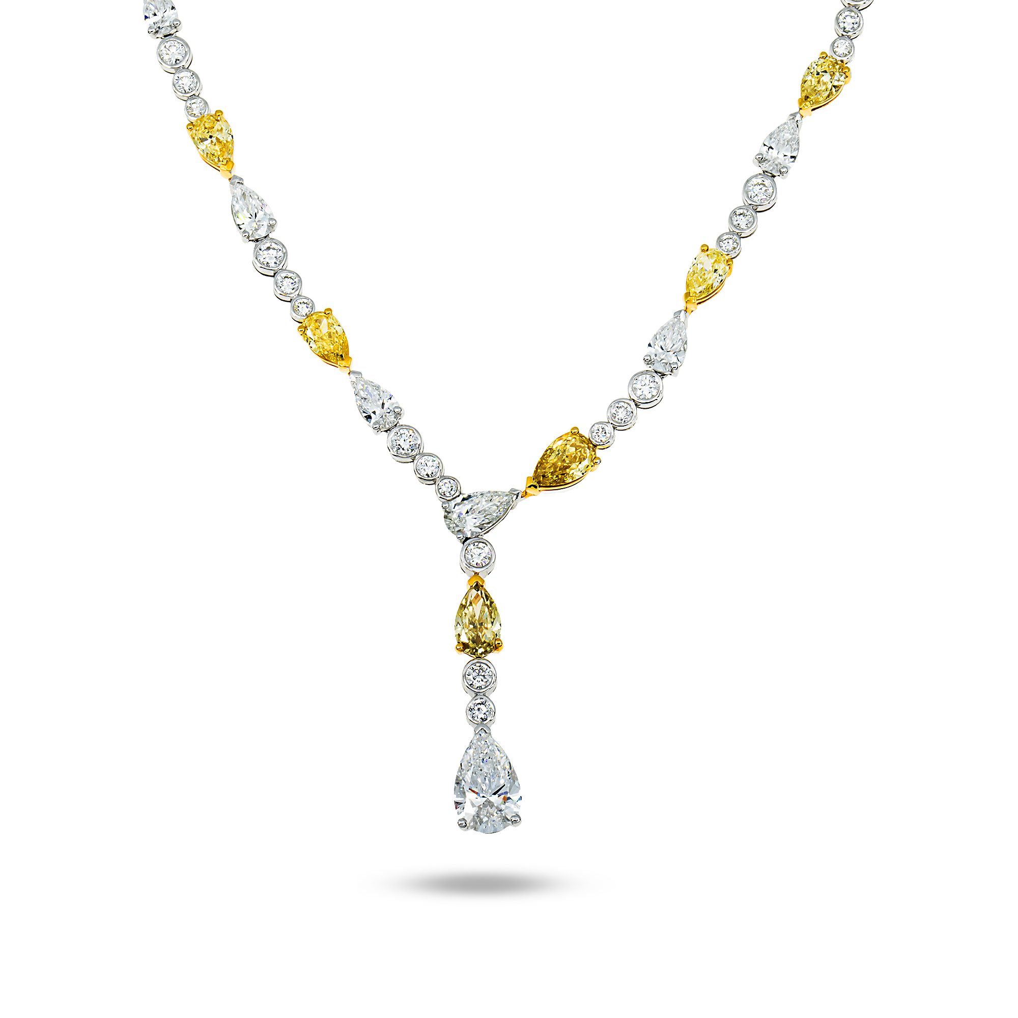 14K White Gold White & Fancy Yellow Diamond Drop Necklace 19.96ct
