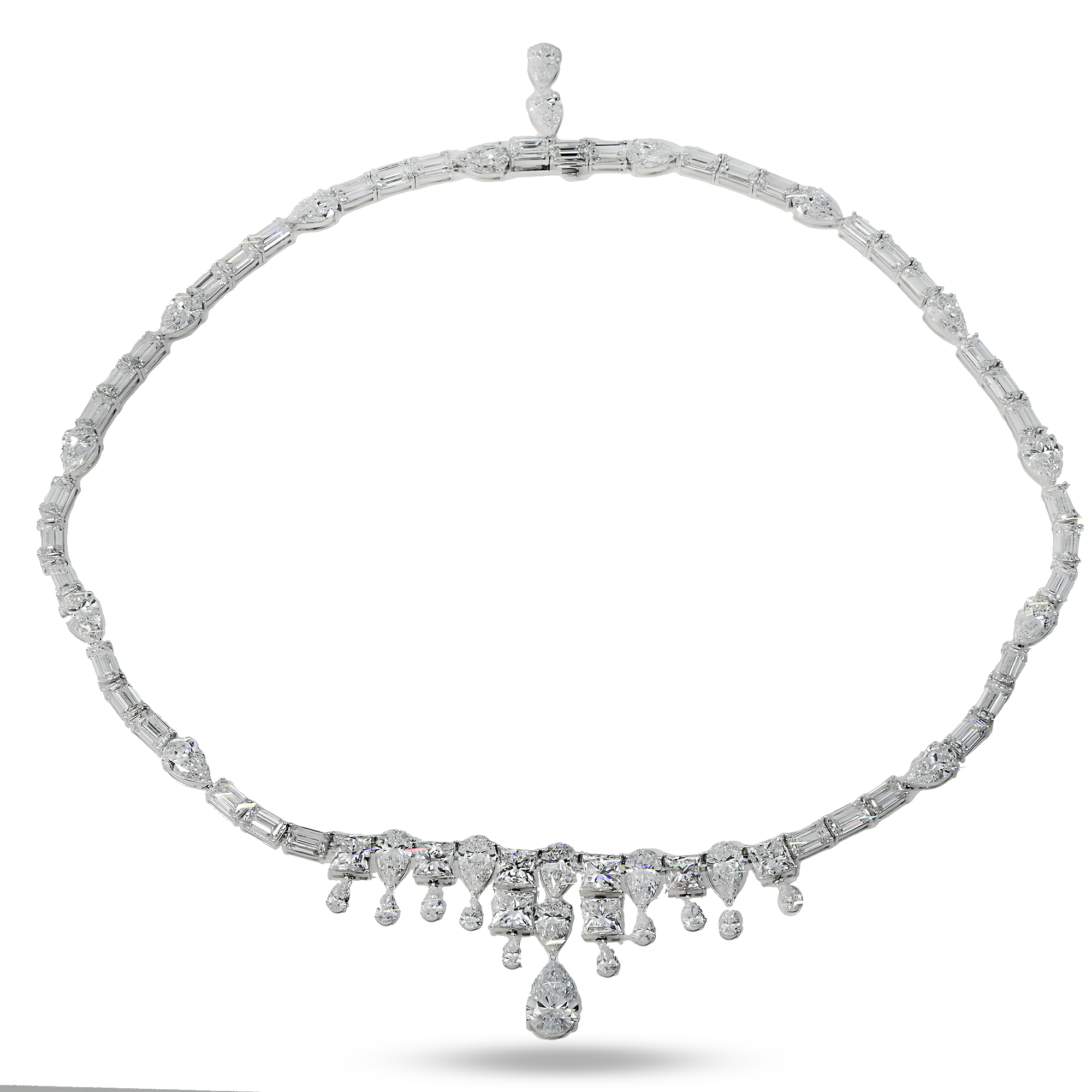 18K White Gold Emerald & Pear Cut Diamond Drop Necklace 48.35ct