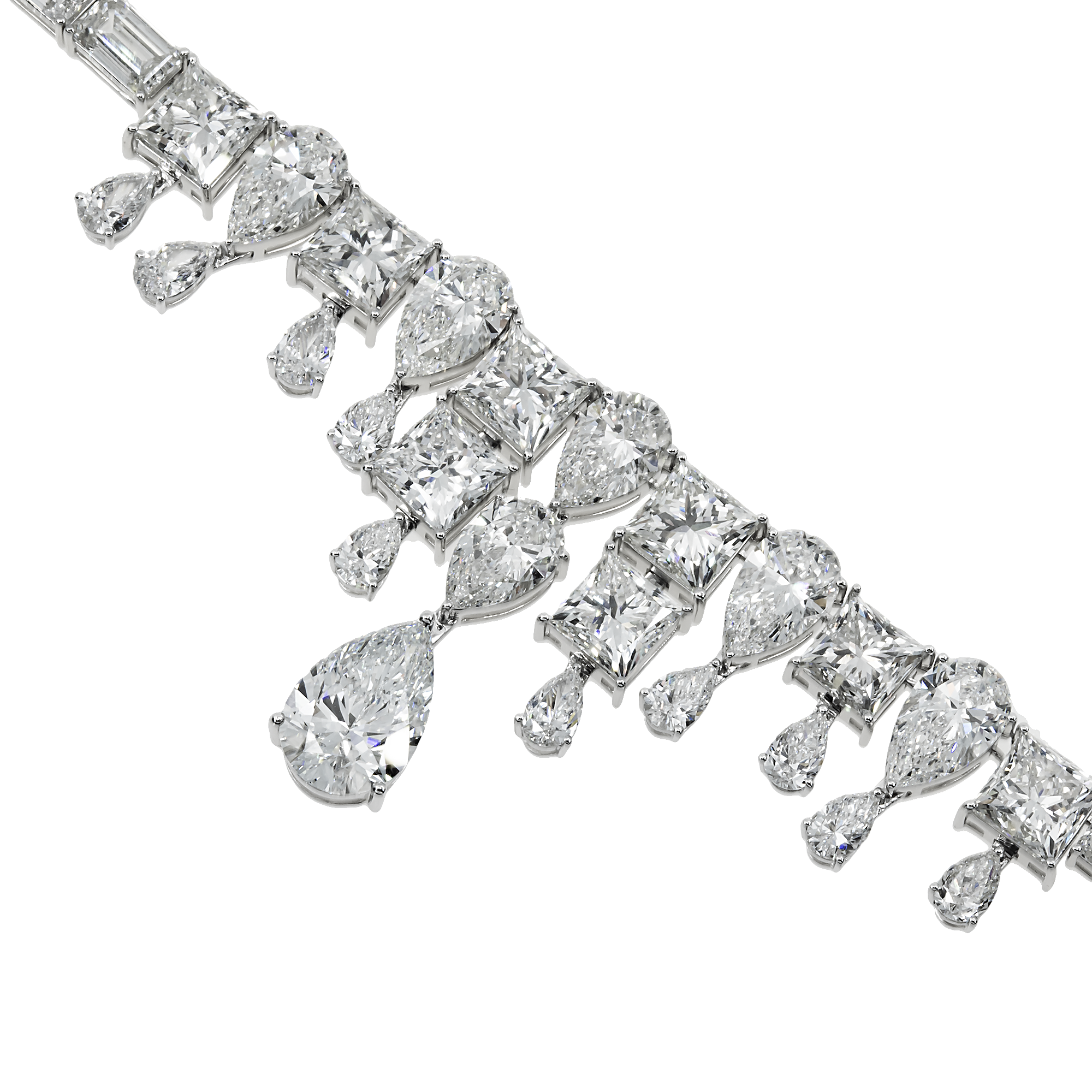 18K White Gold Emerald & Pear Cut Diamond Drop Necklace 48.35ct