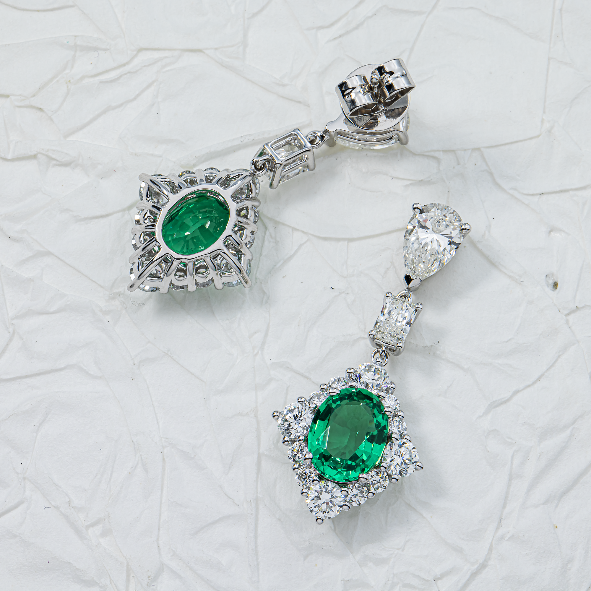 White Gold Multi Shape Emerald & Diamond Drop Earrings 7.59ctw