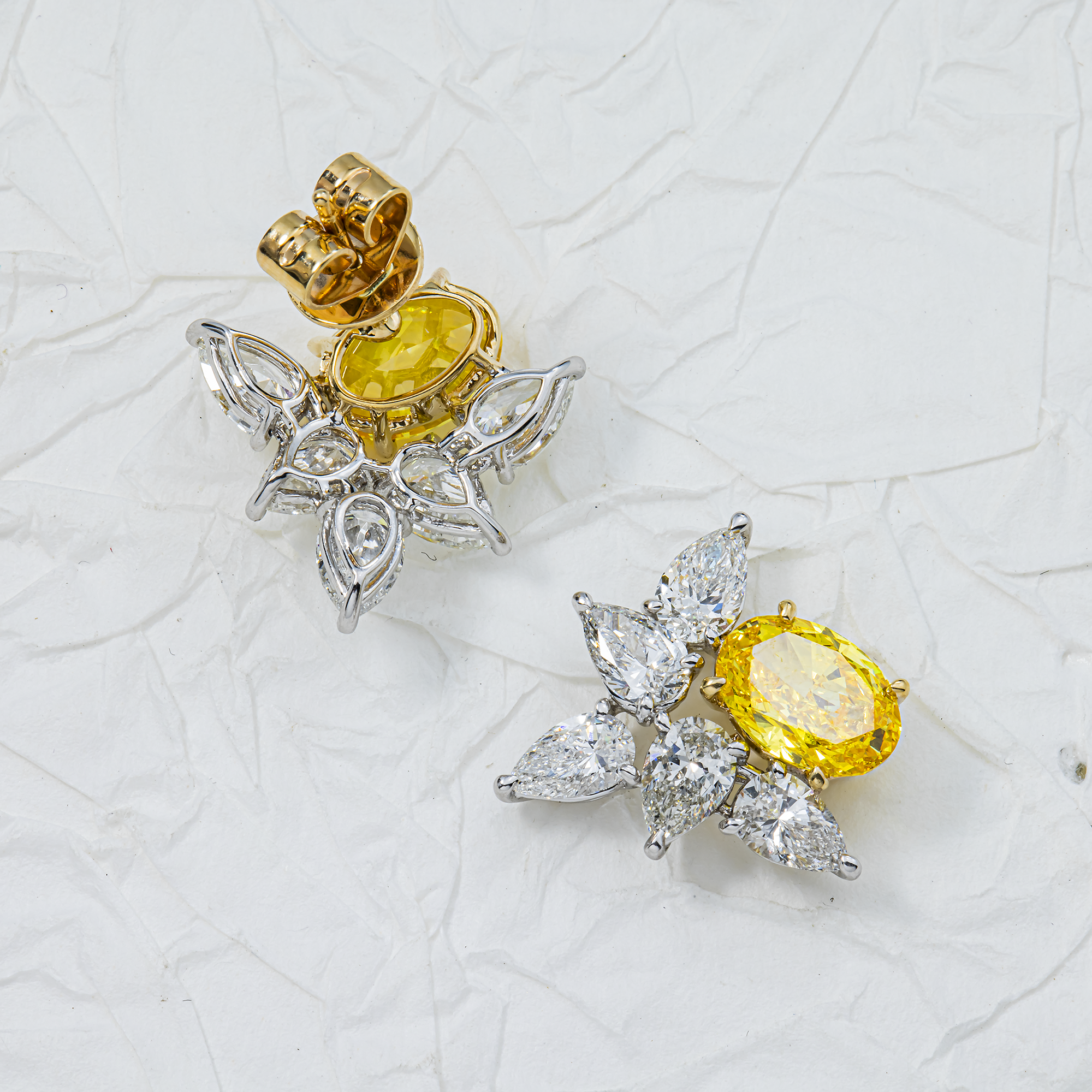Two Tone Gold Fancy Yellow & White Diamond Cluster Stud Earrings 6.1ctw