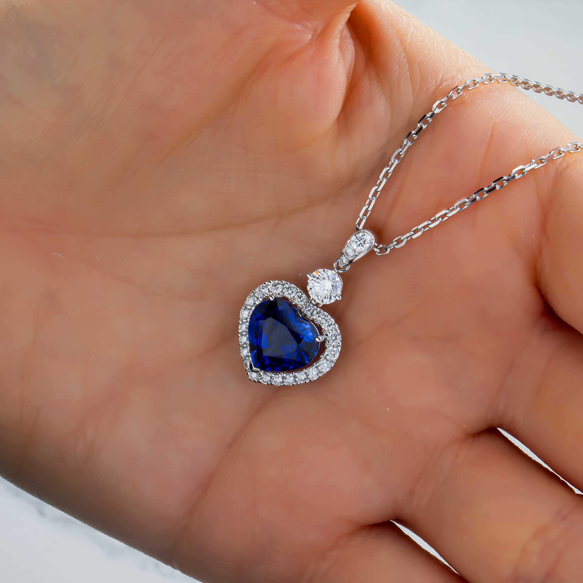 2 Piece Bundle Deal - White Gold Heart Sapphire & Diamond Necklace & Ring Set