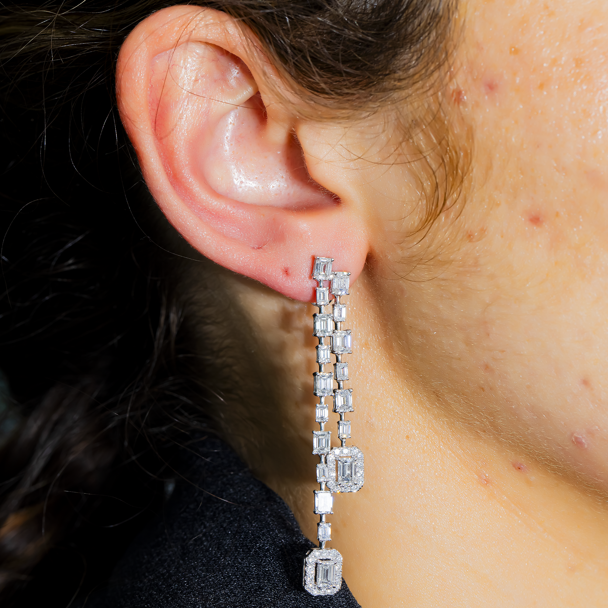 White Gold Emerald & Round Diamond Drop Earrings 7.47ctw