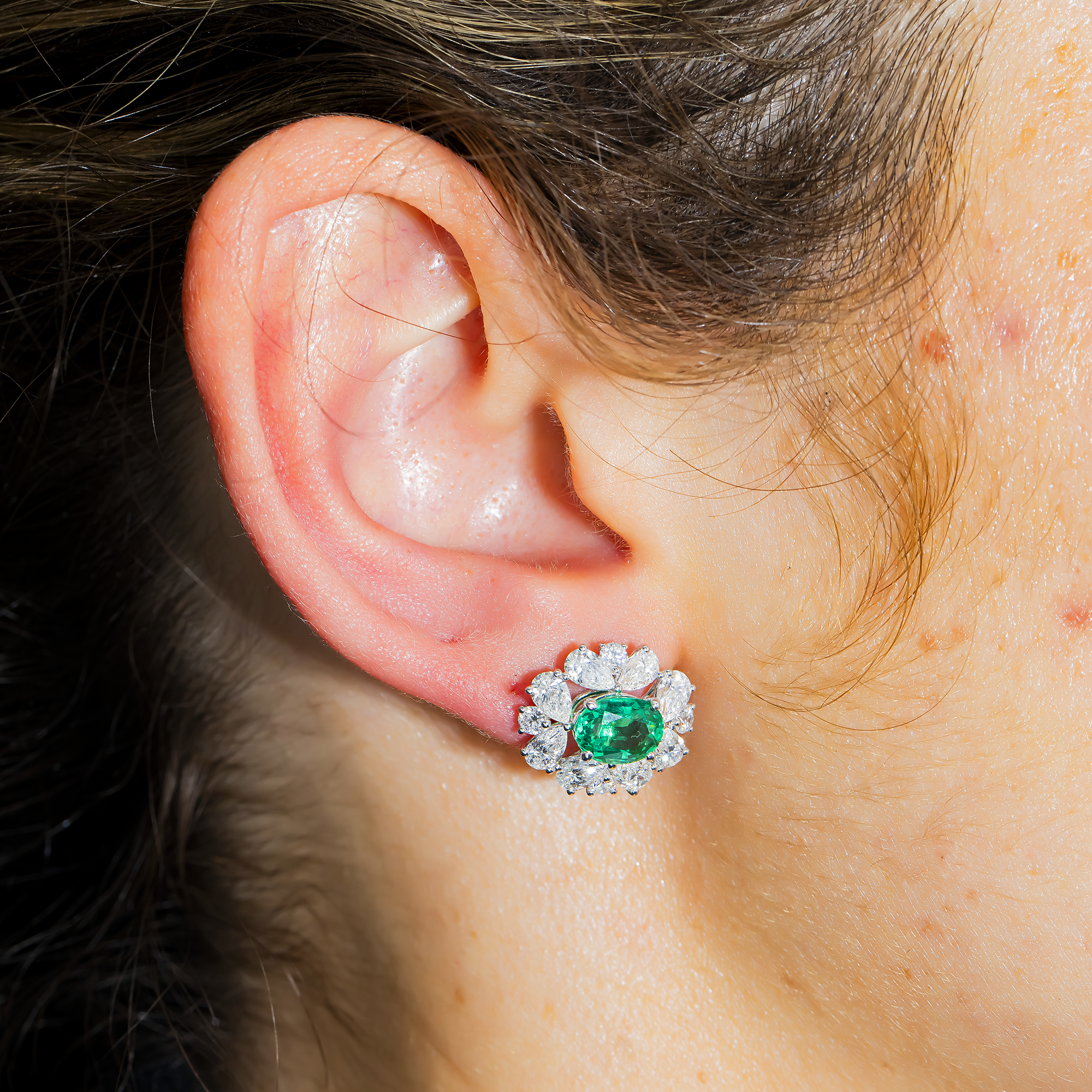 14K White Gold Oval Emerald & Diamond Cluster Stud Earrings 6.1ctw