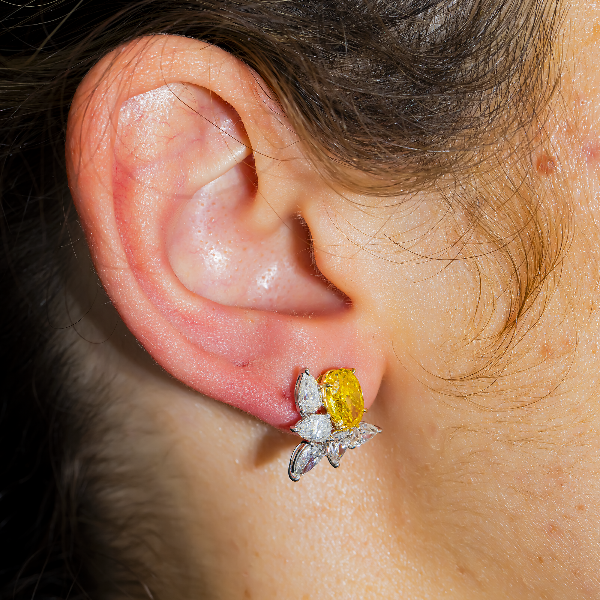 Two Tone Gold Fancy Yellow & White Diamond Cluster Stud Earrings 6.1ctw