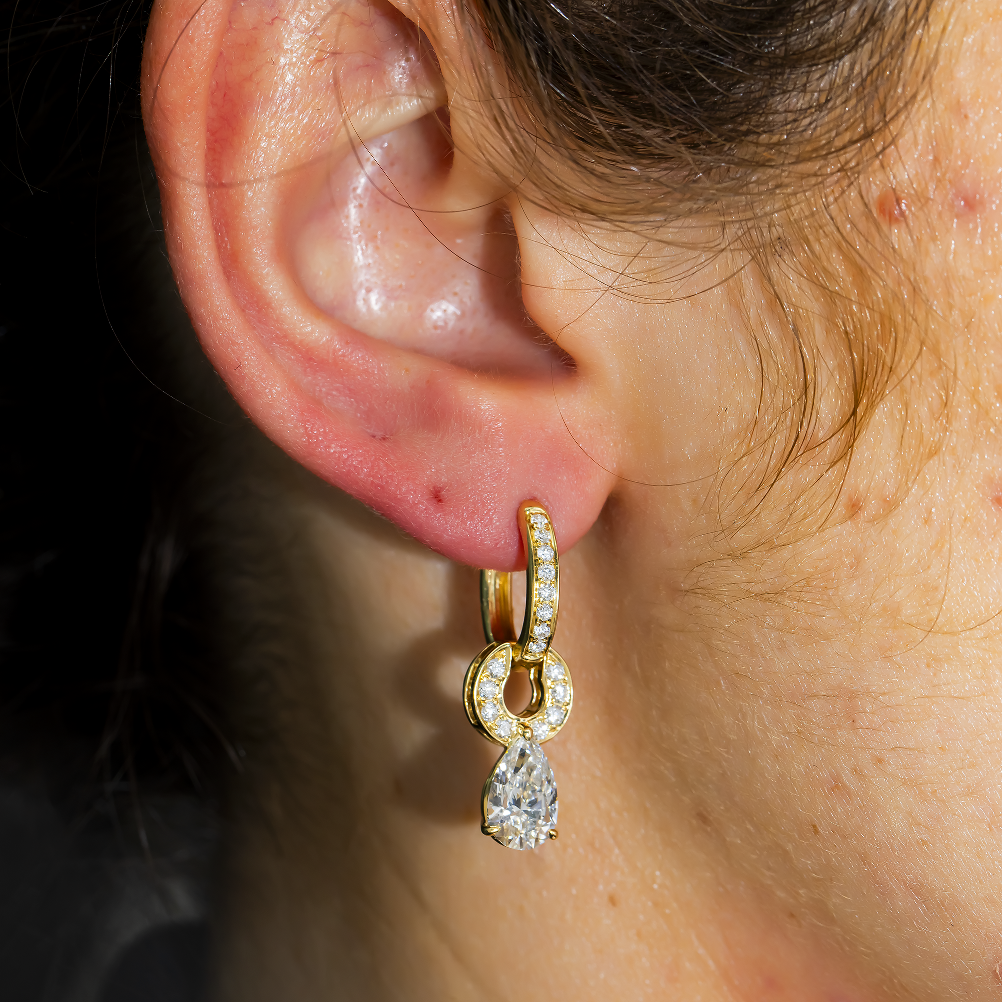 Yellow Gold Pear & Round Diamond Drop Earrings 3.75ctw