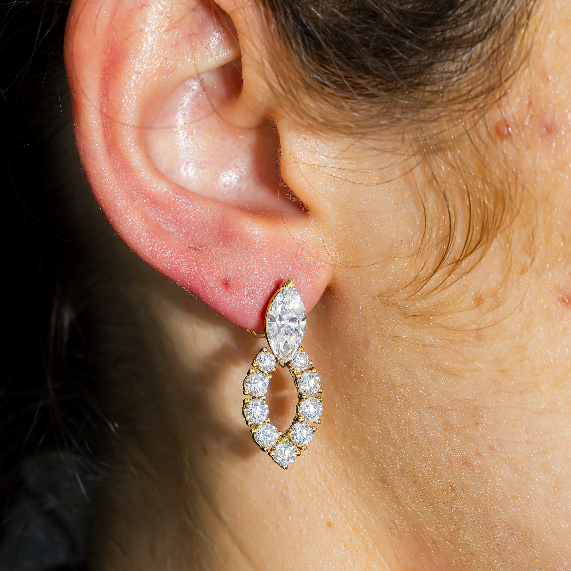 Yellow Gold Marquise & Round Diamond Drop Earrings 6.14ctw