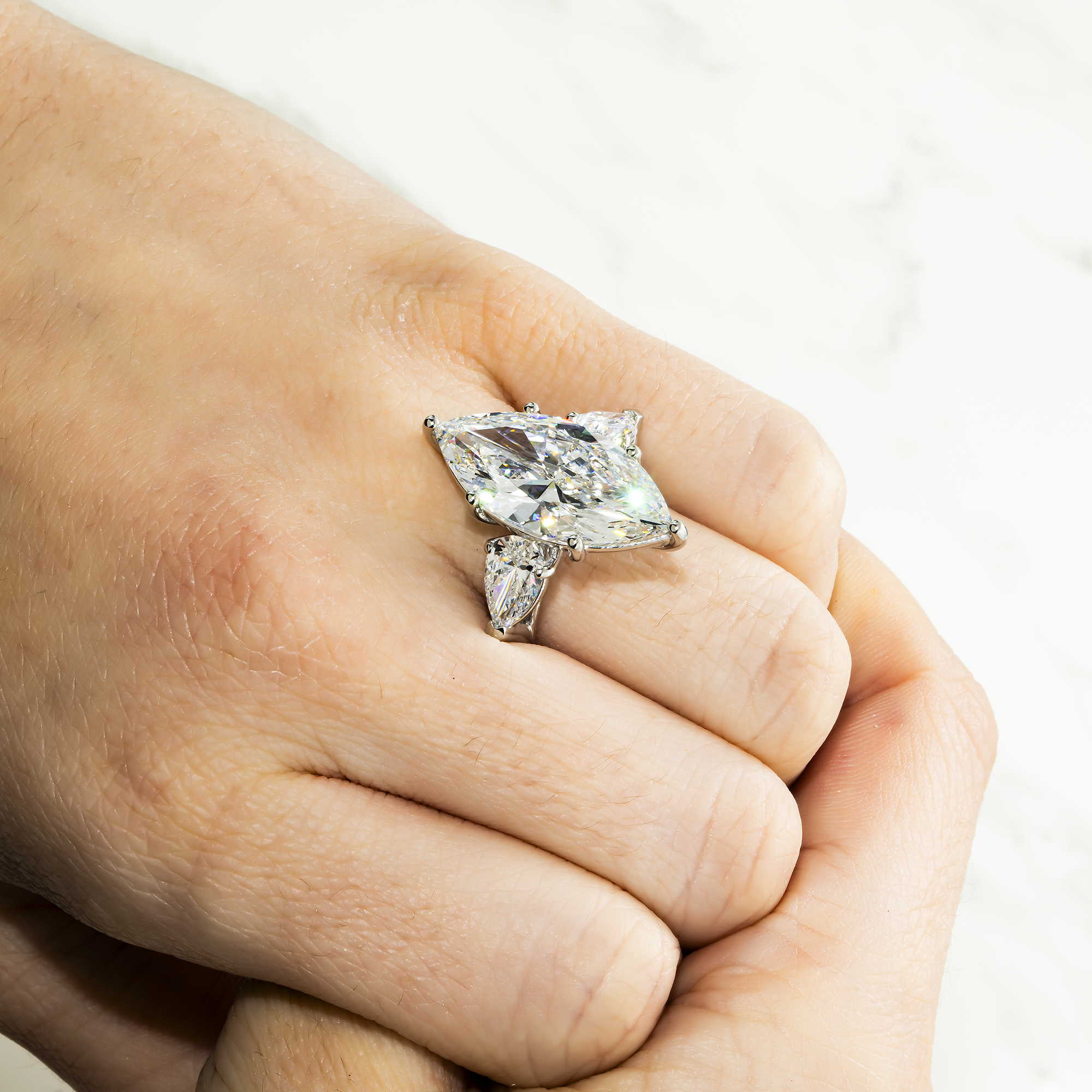 Platinum 10.17ct Marquise & Pear Cut Triple Diamond Engagement Ring 12.25ctw