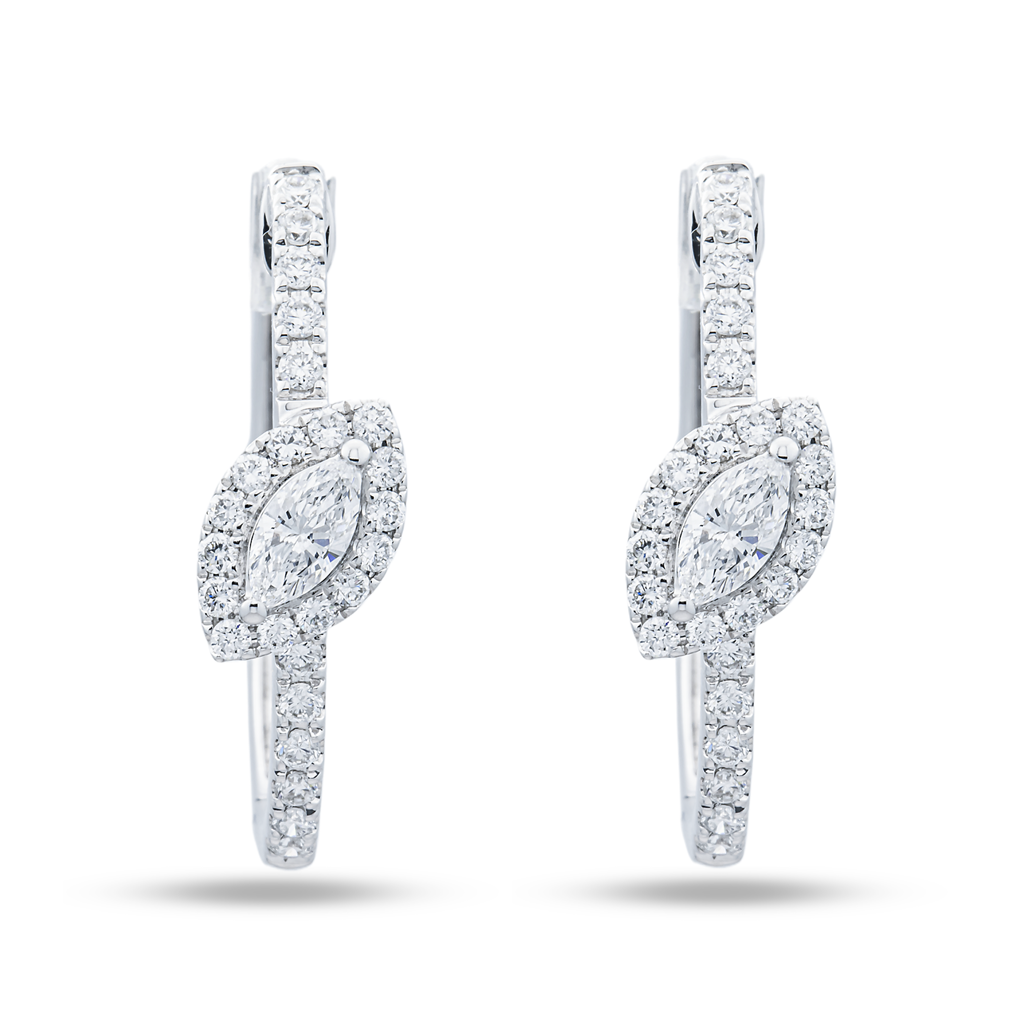 White Gold Marquise & Round Diamond Mini Hoop Earrings 0.95ctw