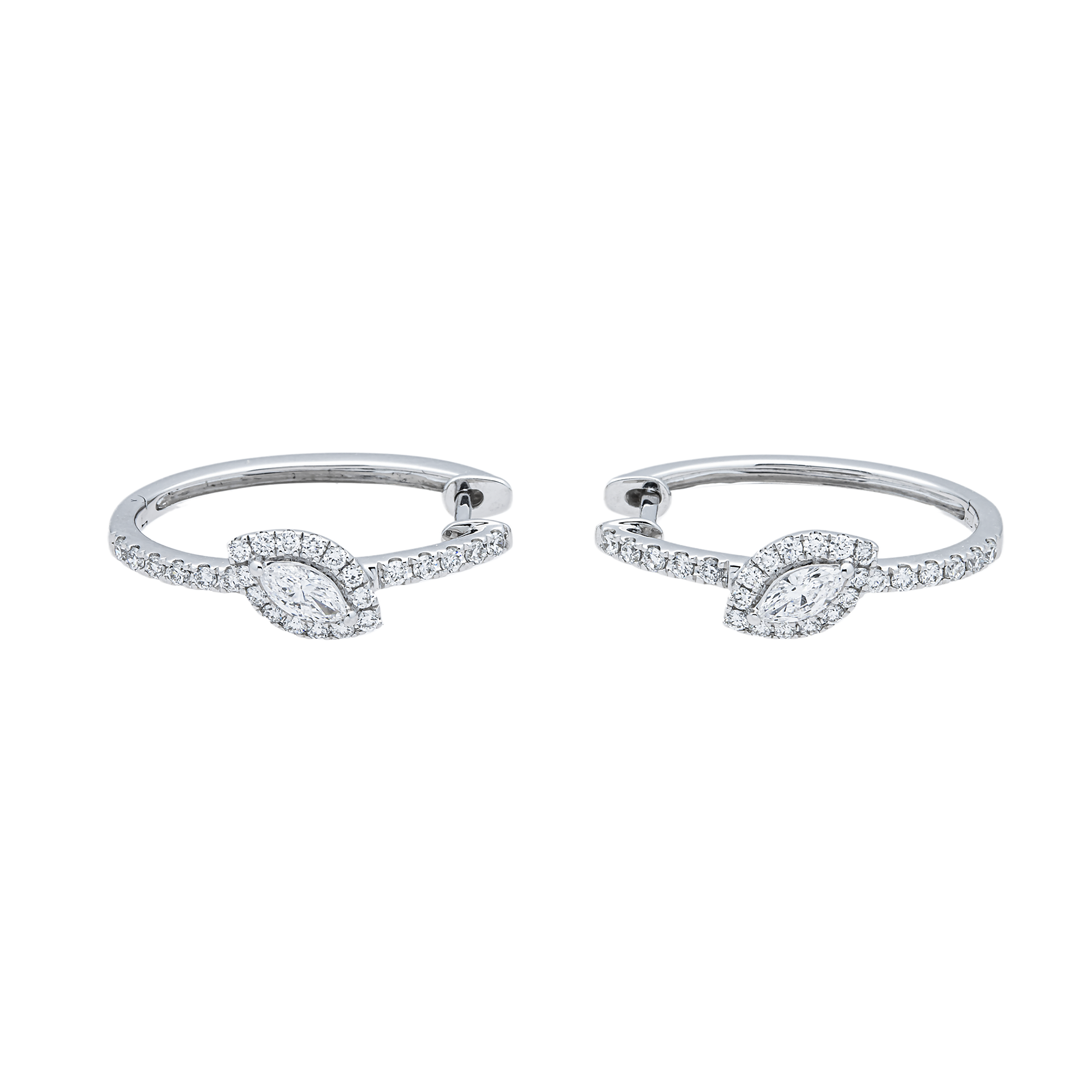 White Gold Marquise & Round Diamond Mini Hoop Earrings 0.95ctw