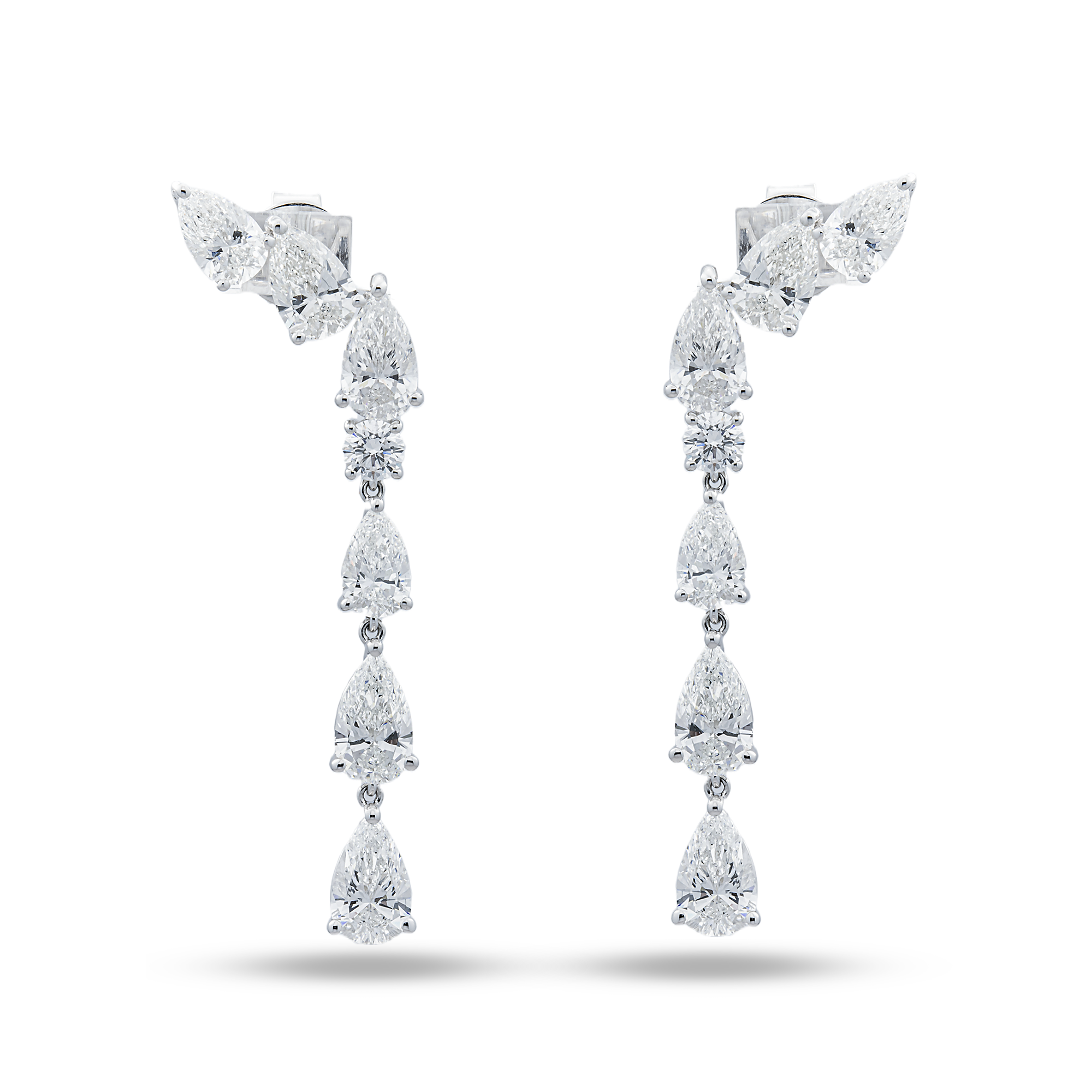 White Gold Pear & Round Diamond Drop Earrings 6.84ctw