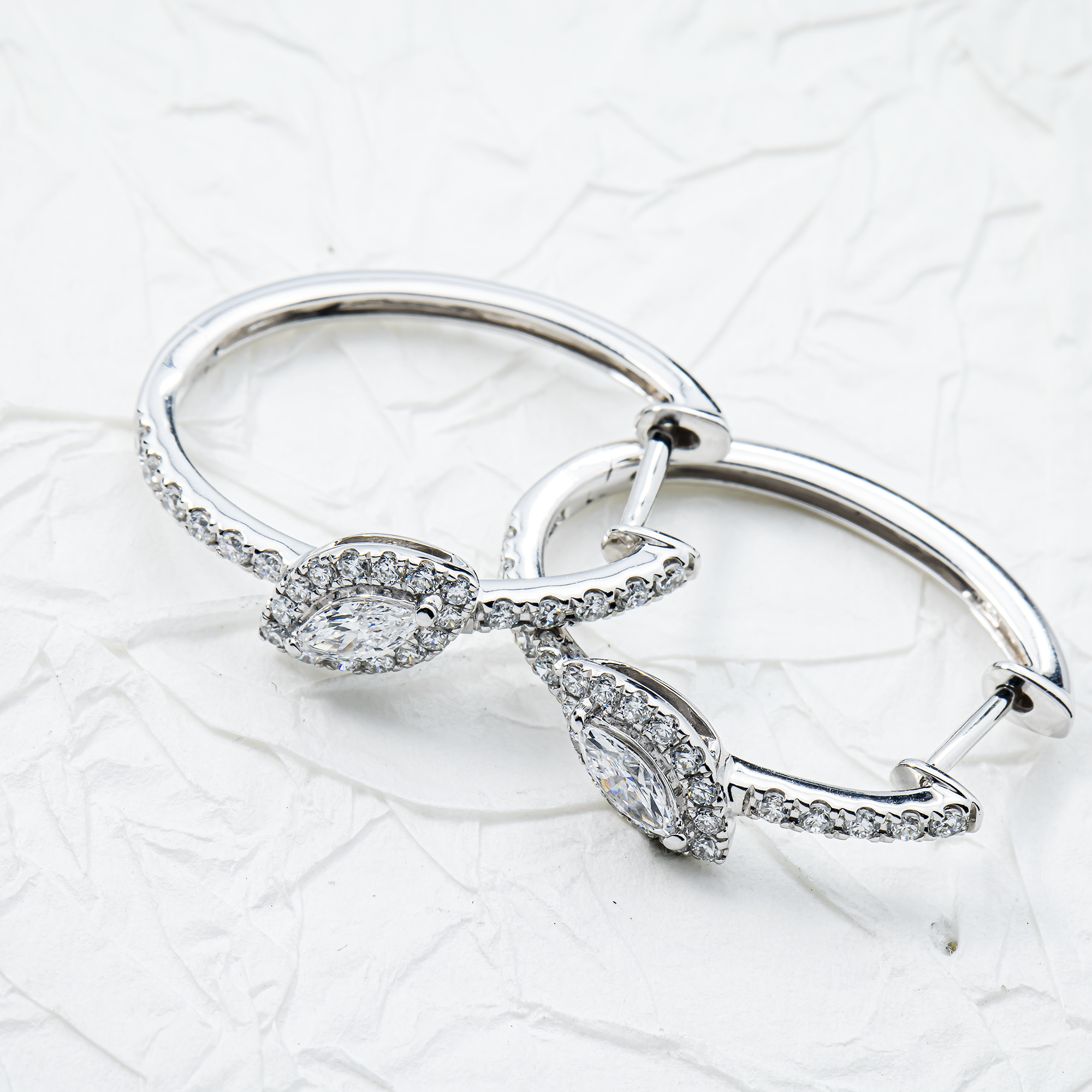 White Gold Marquise & Round Diamond Mini Hoop Earrings 0.95ctw