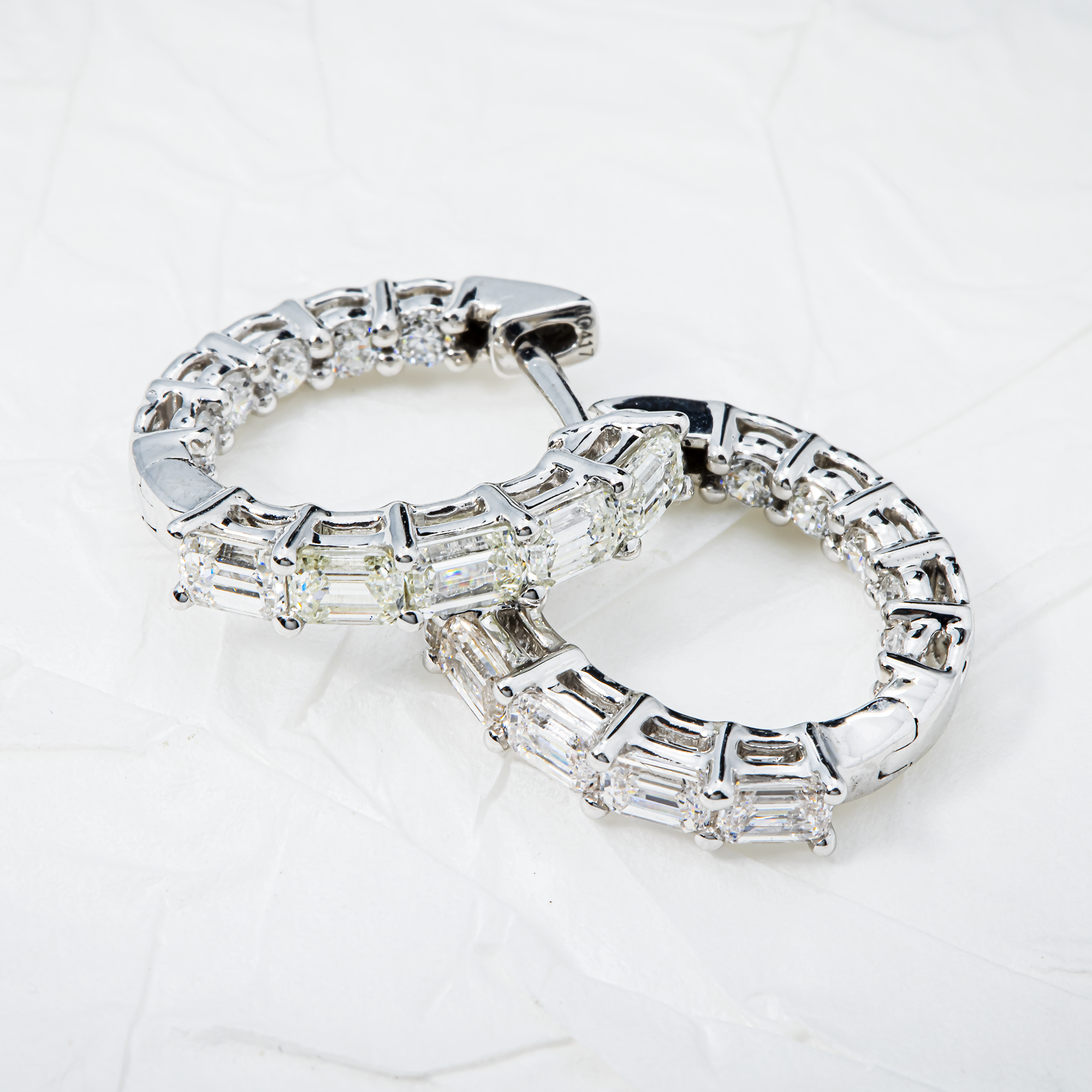 White Gold Emerald & Round Diamond Inside Out Hoop Earrings 1.30ctw