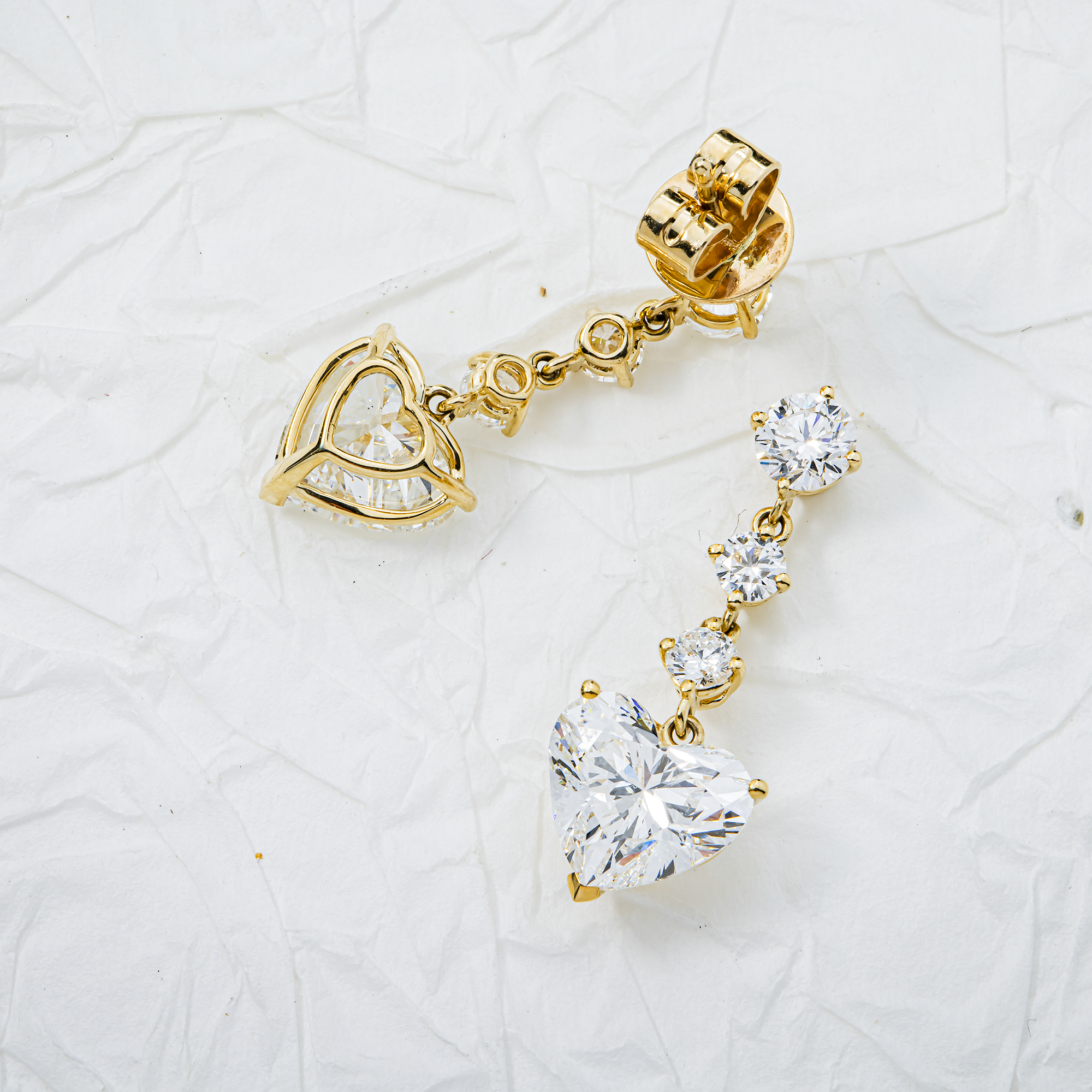 Yellow Gold Heart & Round Diamond Drop Earrings 5.39ctw