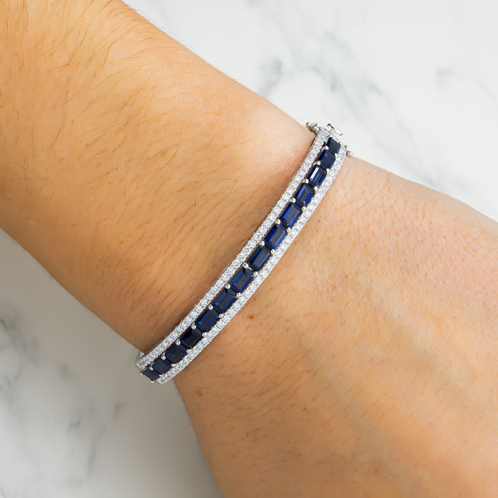White Gold Sapphire & Diamond Triple Row Bangle Bracelet 5.75ctw