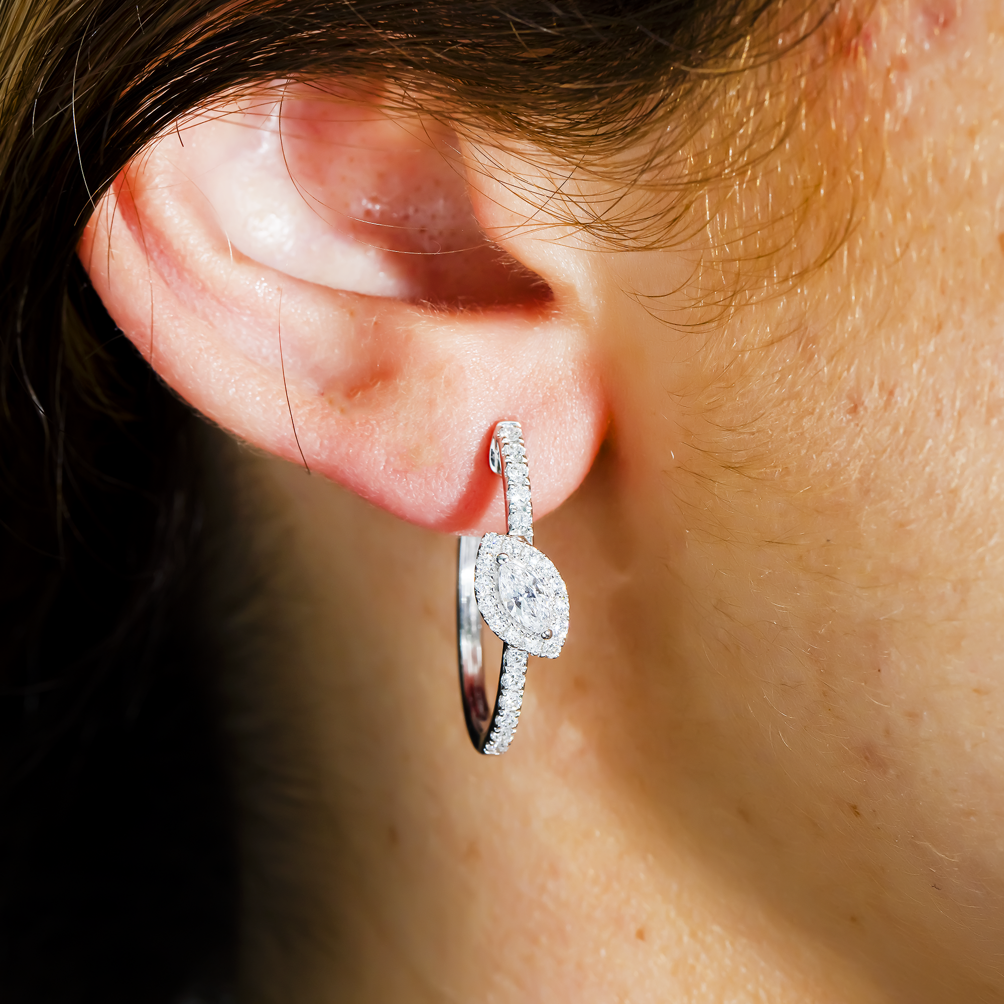 White Gold Marquise & Round Diamond Mini Hoop Earrings 0.95ctw