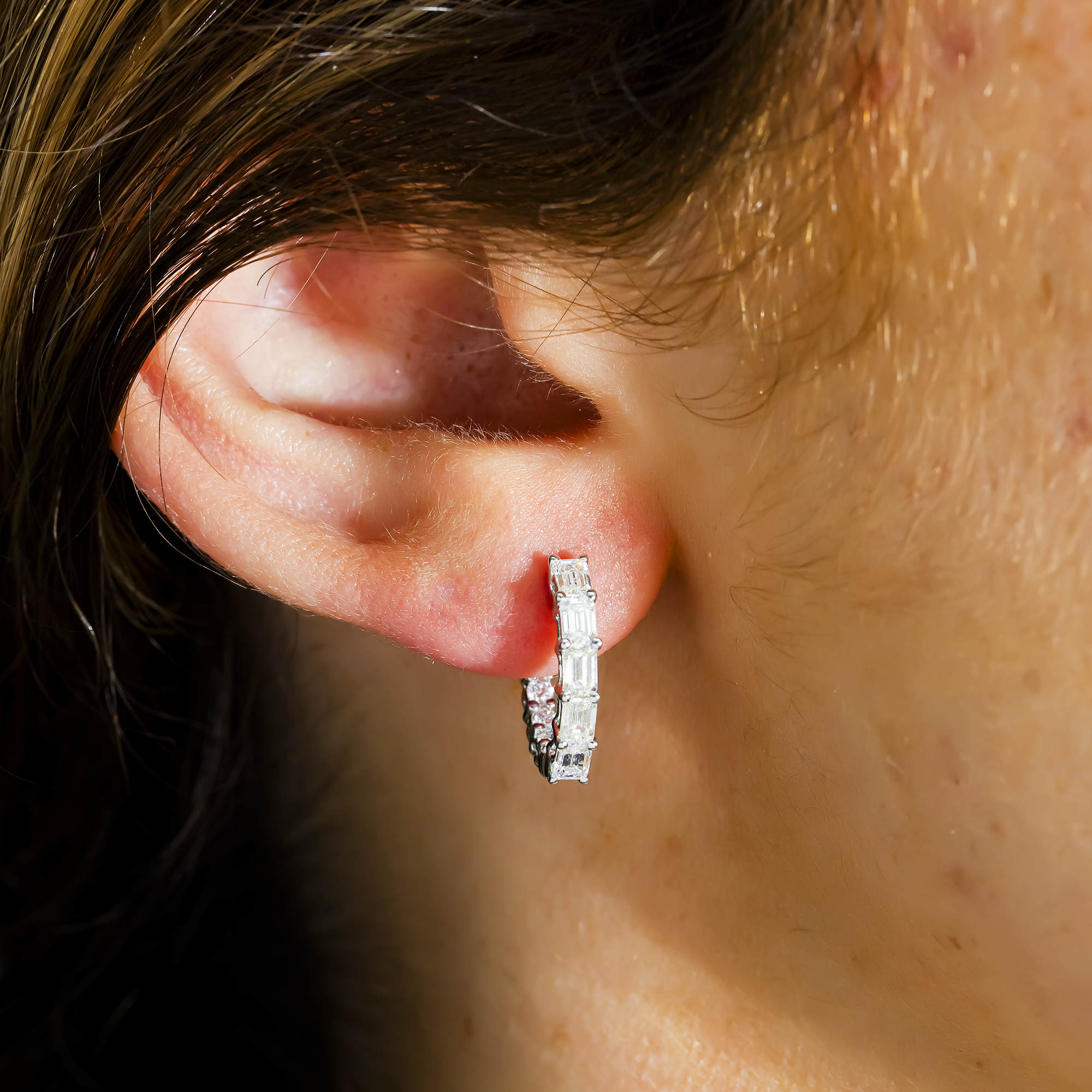White Gold Emerald & Round Diamond Inside Out Hoop Earrings 1.30ctw