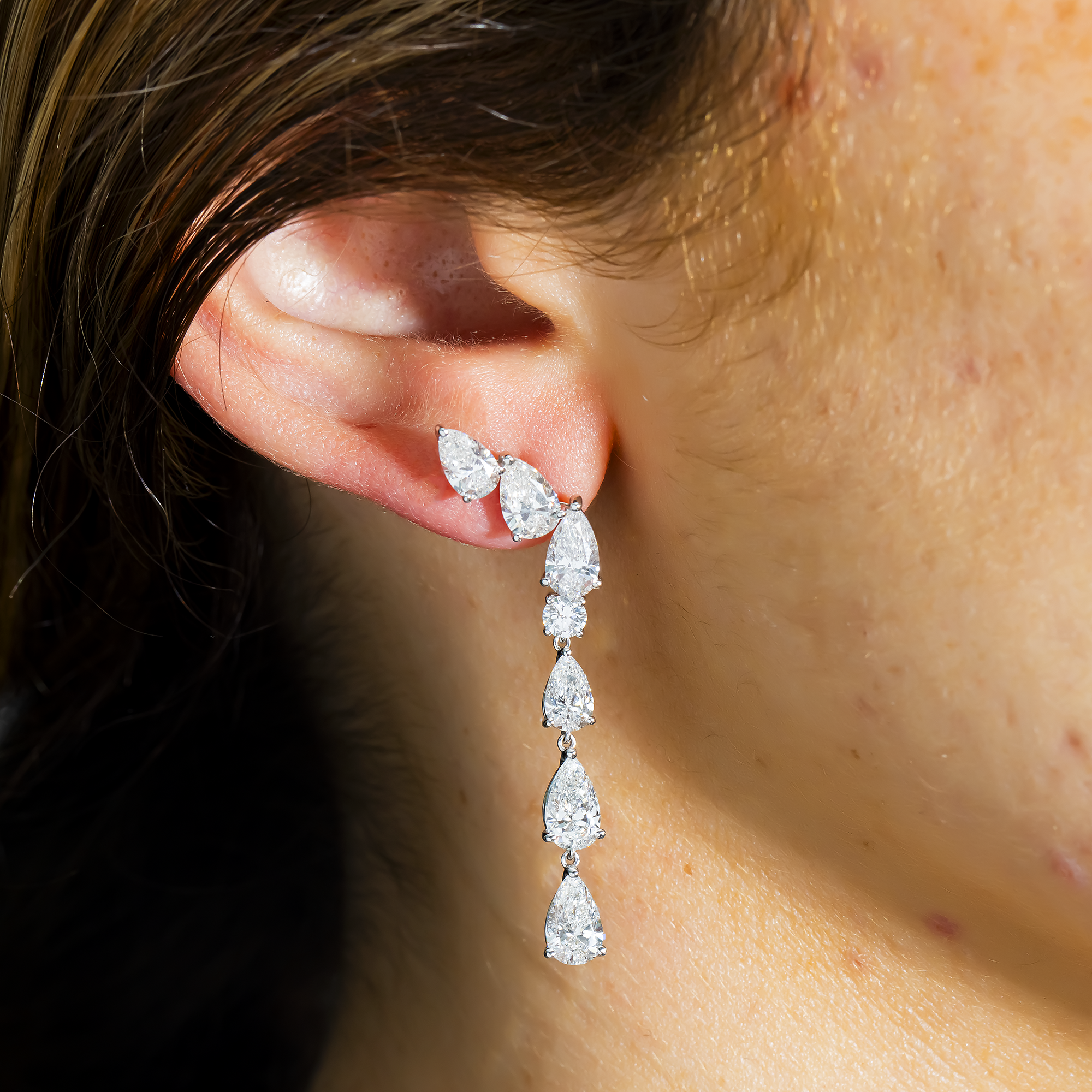 White Gold Pear & Round Diamond Drop Earrings 6.84ctw