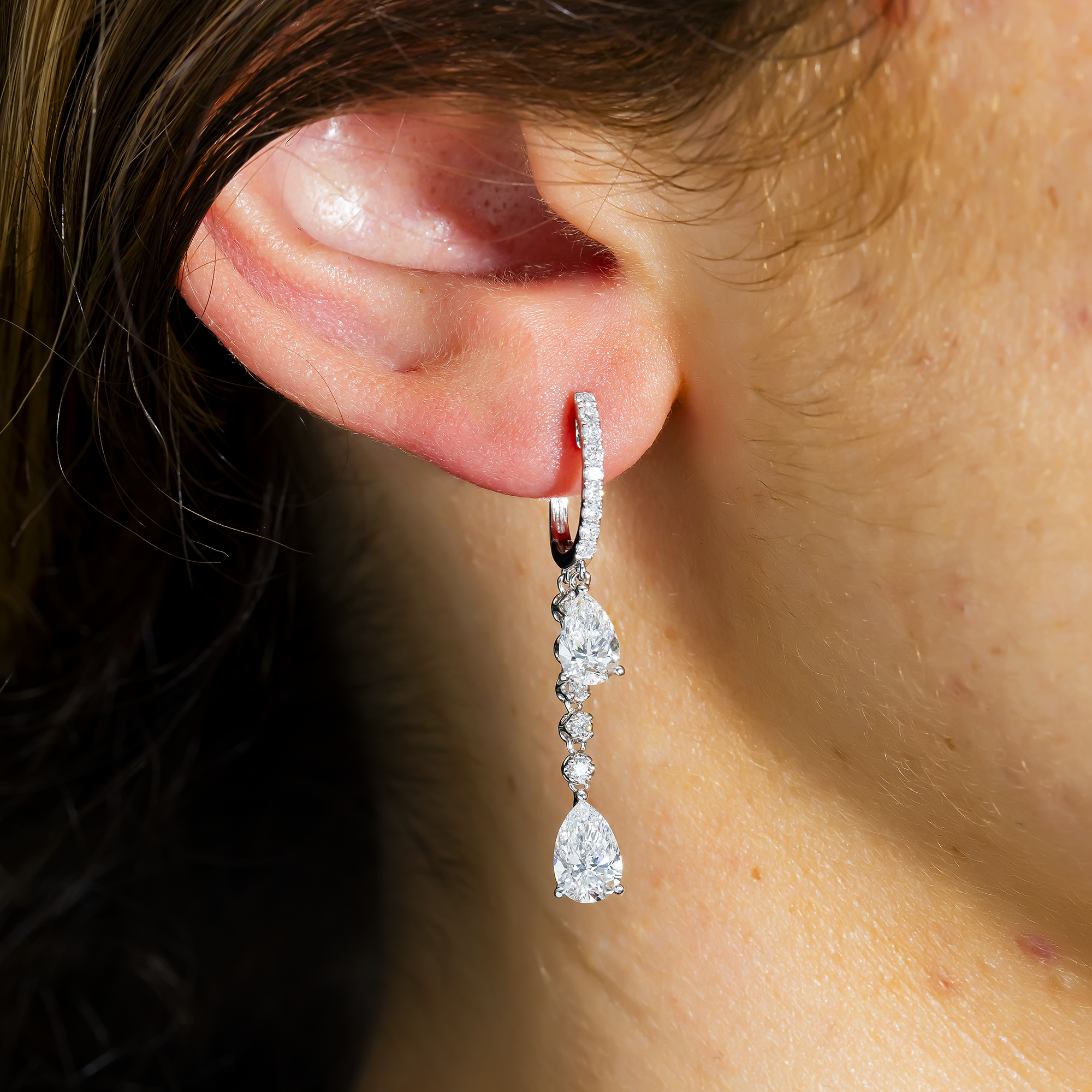 White Gold Pear & Round Diamond Drop Earrings 3.01ctw