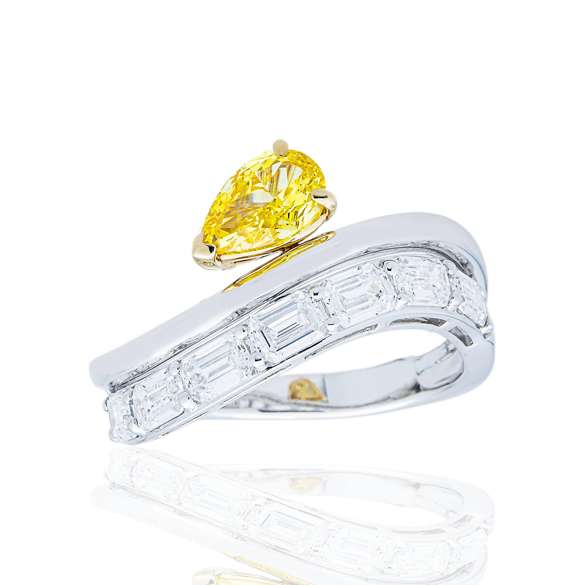 White Gold Floating Fancy Yellow Pear Diamond Ring 1.86ctw