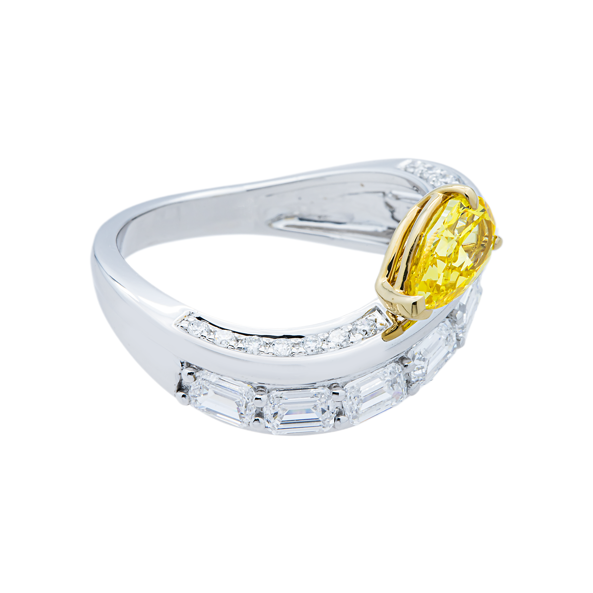 White Gold Floating Fancy Yellow Pear Diamond Ring 1.86ctw