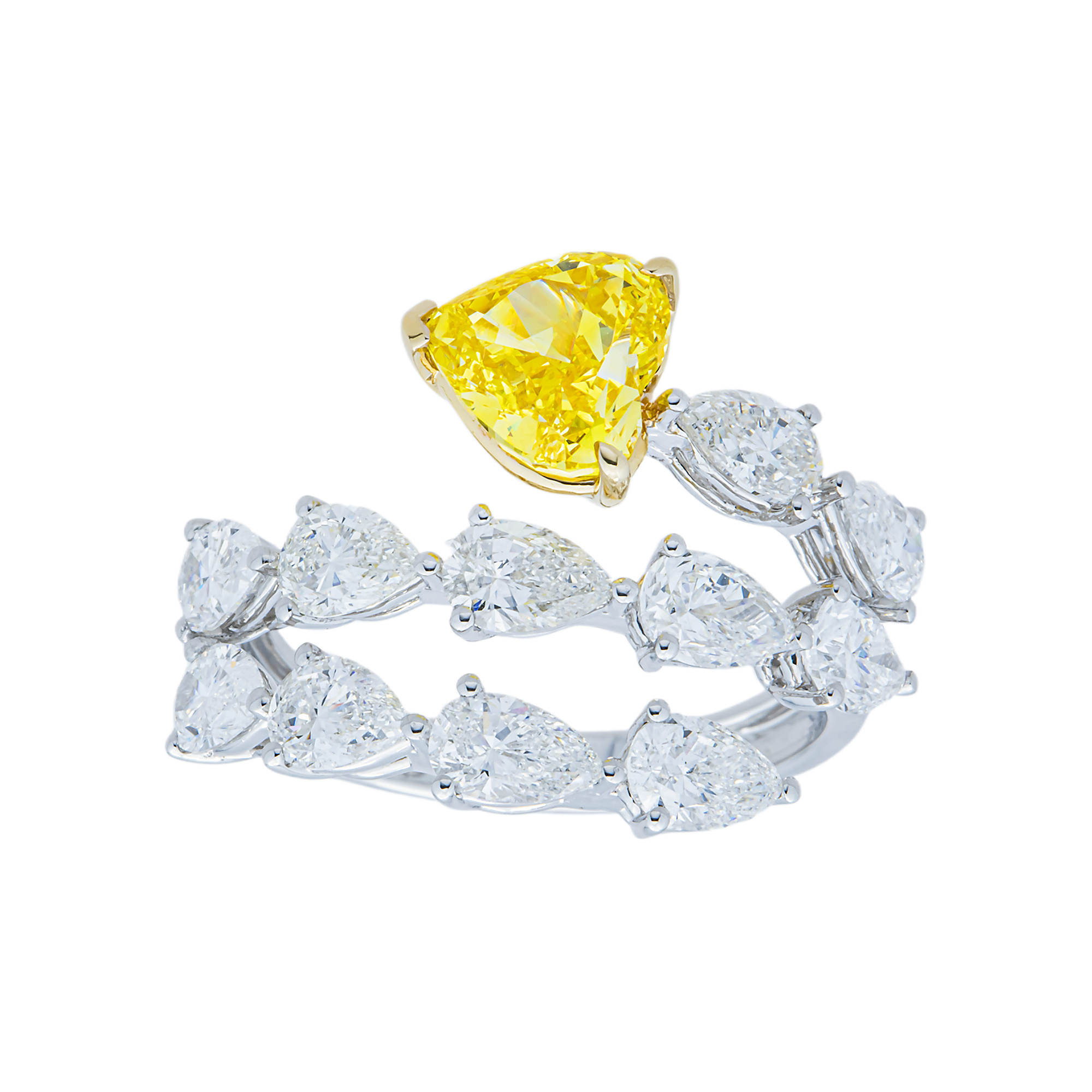White Gold Fancy Yellow Heart & White Diamond Bypass Wrap Ring 4.36ctw