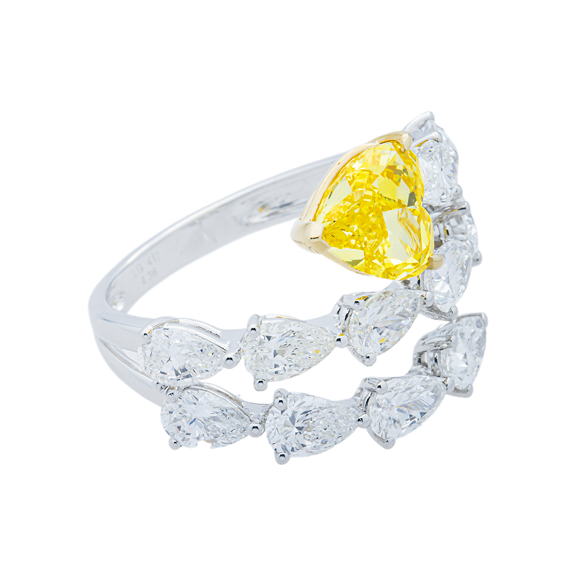 White Gold Fancy Yellow Heart & White Diamond Bypass Wrap Ring 4.36ctw