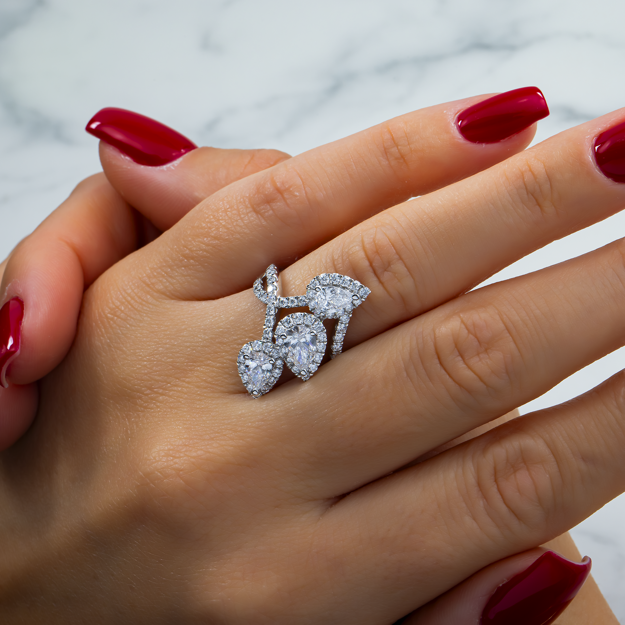 White Gold Triple Pear & Round Diamond Ring 2.03ctw