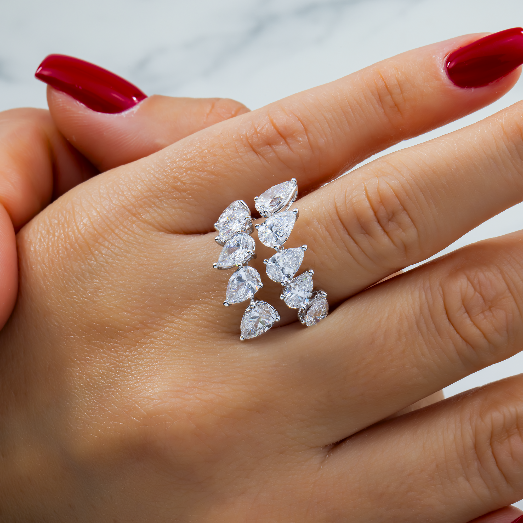 White Gold Pear Diamond Bypass Wrap Ring 4.47ct