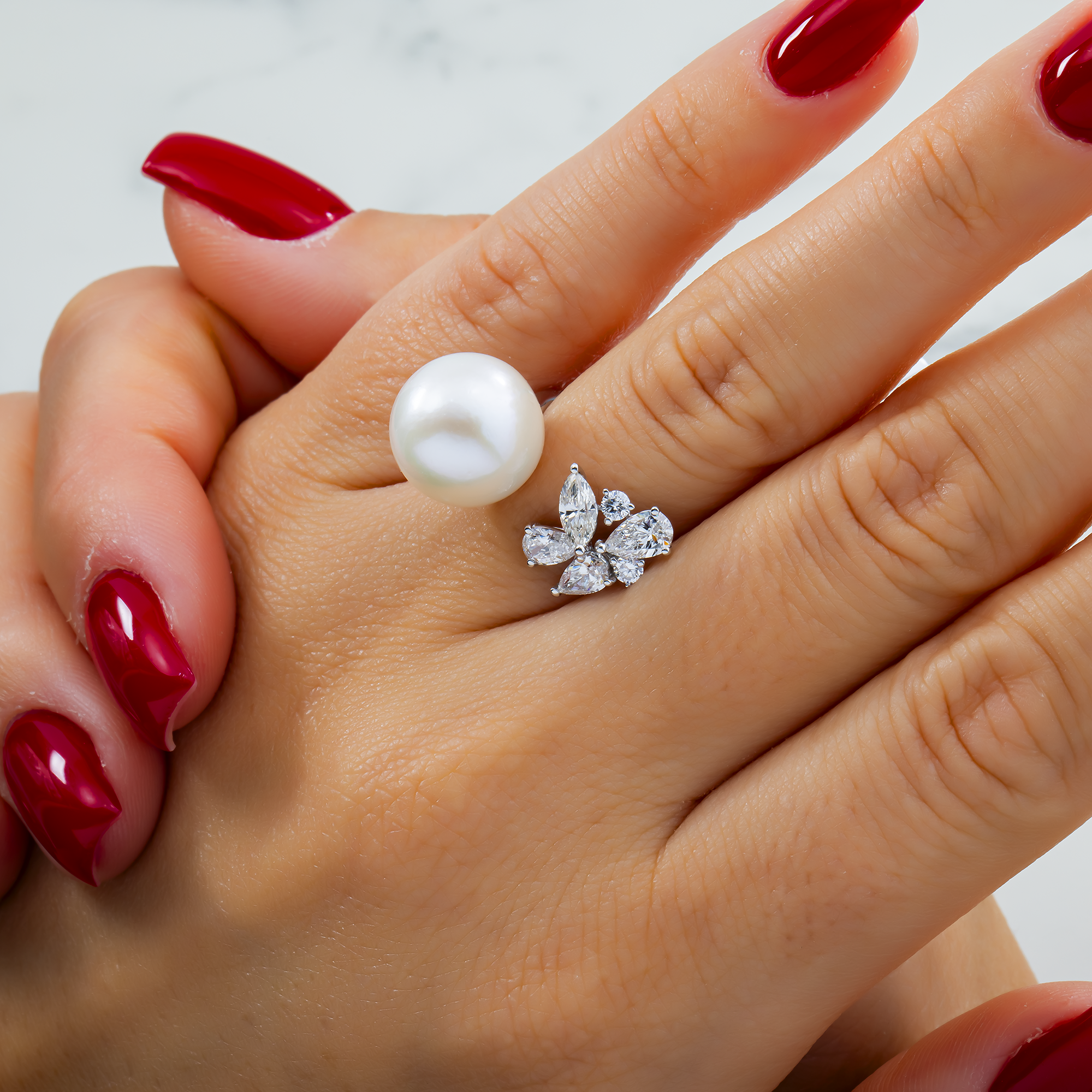 White Gold Pearl & Multi Shape Diamond Cuff Ring 3.47ctw