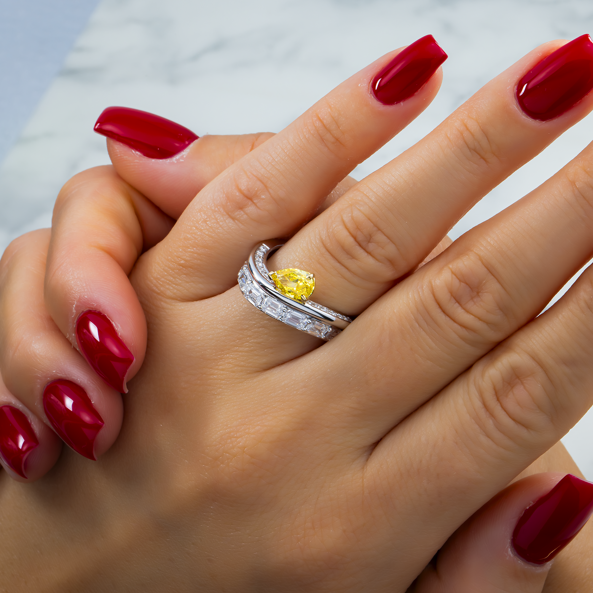 White Gold Floating Fancy Yellow Pear Diamond Ring 1.86ctw
