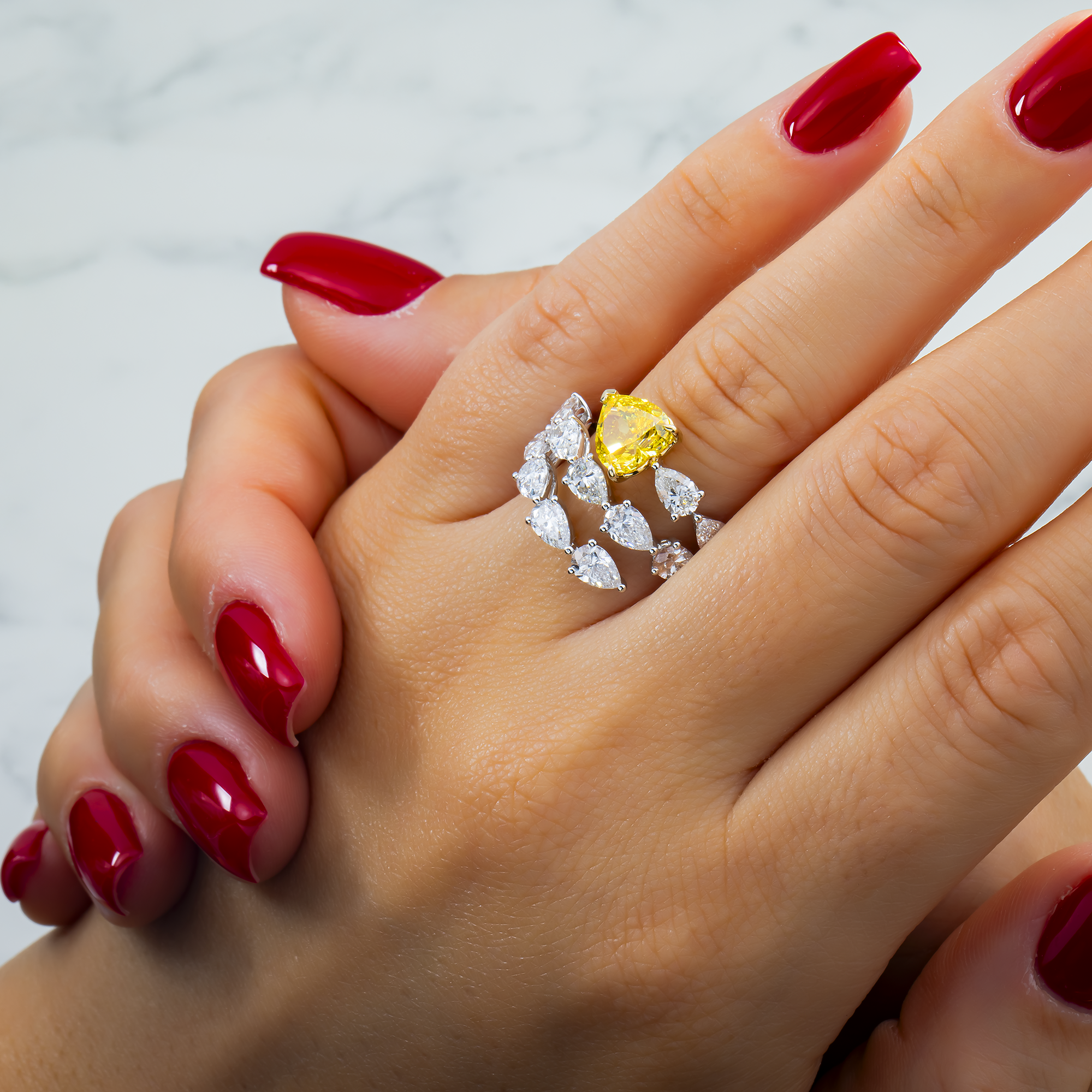 White Gold Fancy Yellow Heart & White Diamond Bypass Wrap Ring 4.36ctw