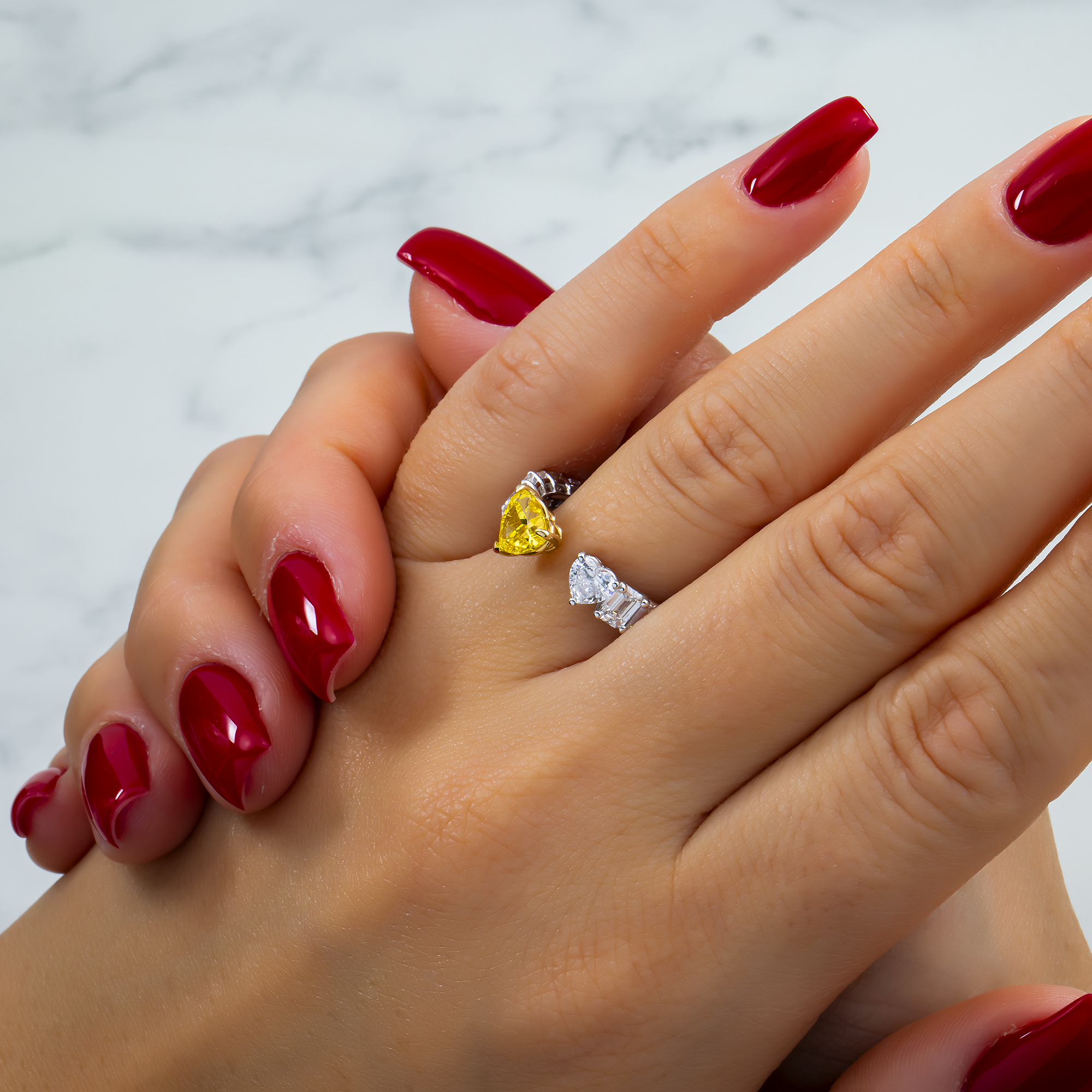 White Gold Fancy Yellow & White Heart Diamond Wrap Ring 5.11ctw